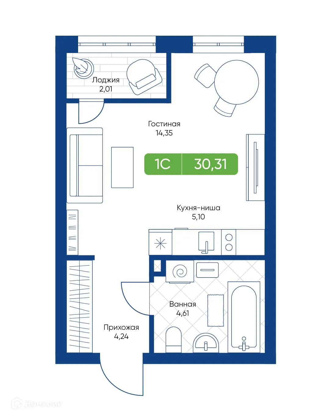 Планировка студии квартиры 30.31 м² в ЖК Биография, г. Новосибирск — фото 1