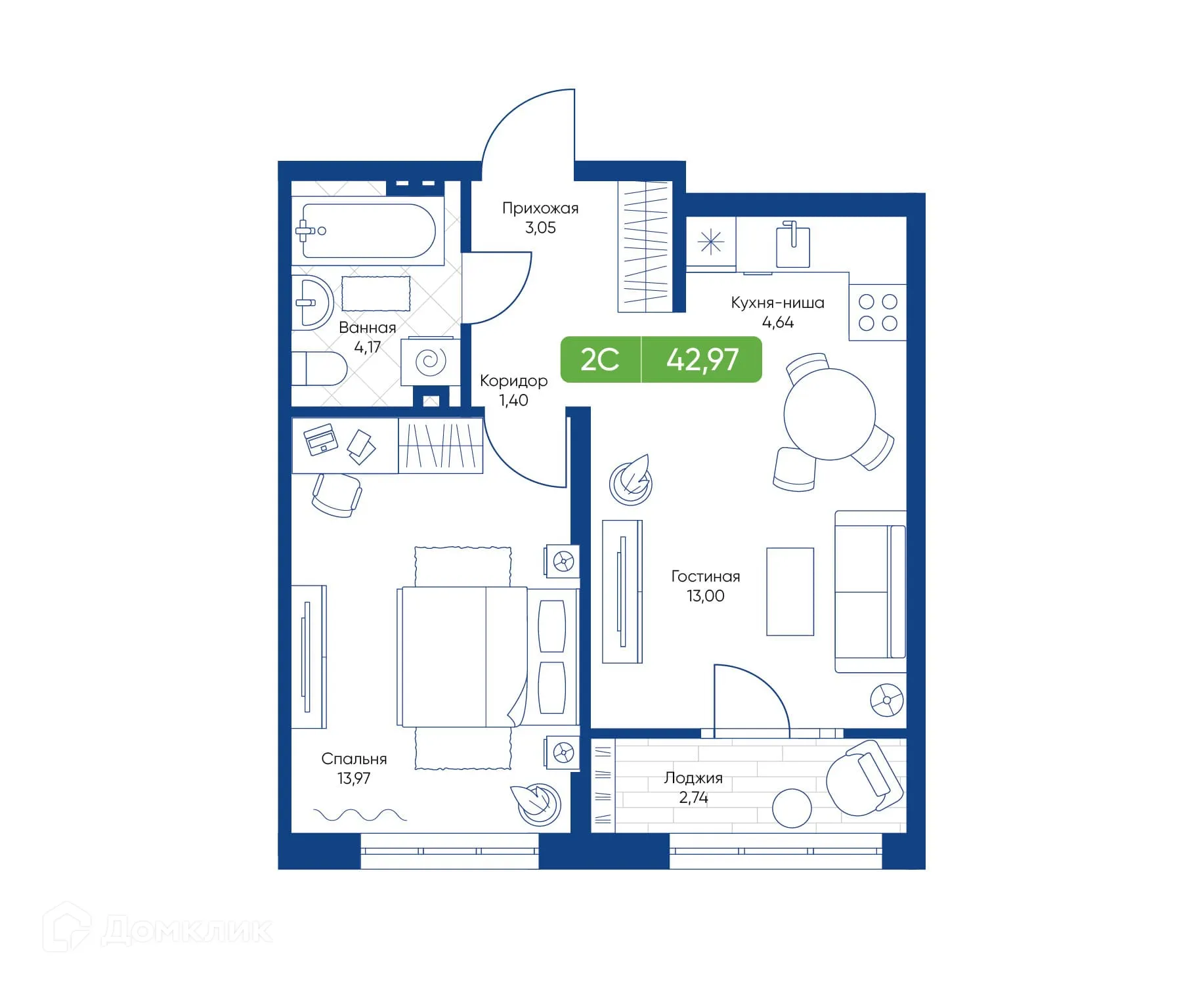 Планировка 2-комнатной квартиры 42.97 м² в ЖК Биография, г. Новосибирск — фото 1