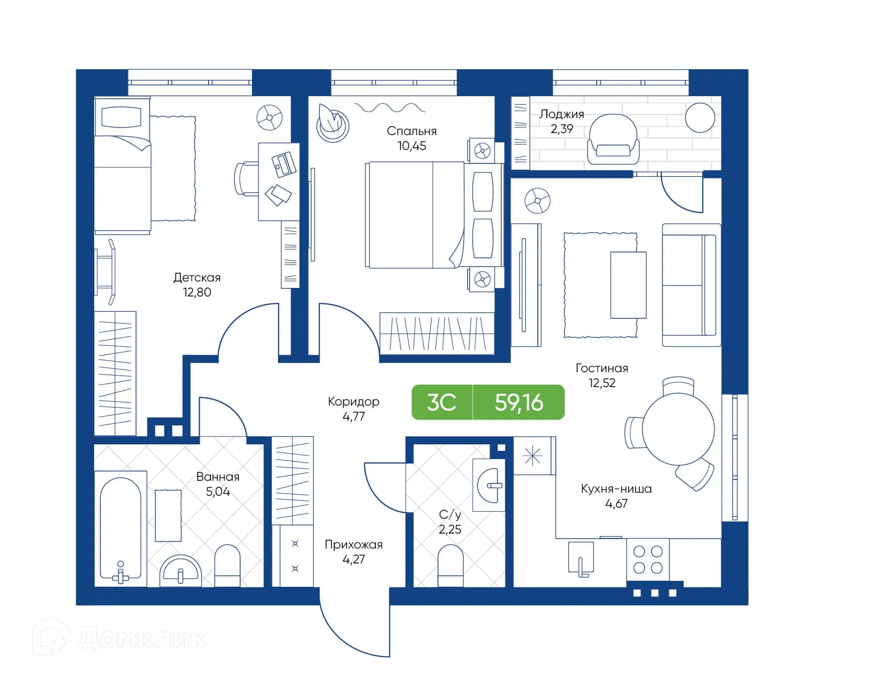 Планировка 3-комнатной квартиры 59.16 м² в ЖК Биография, г. Новосибирск — фото 1