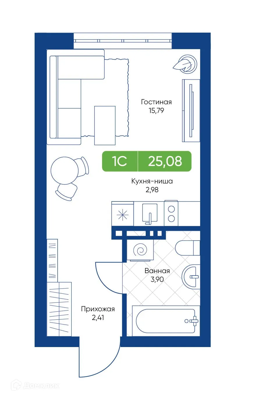 Планировка студии квартиры 25.08 м² в ЖК Биография, г. Новосибирск — фото 1