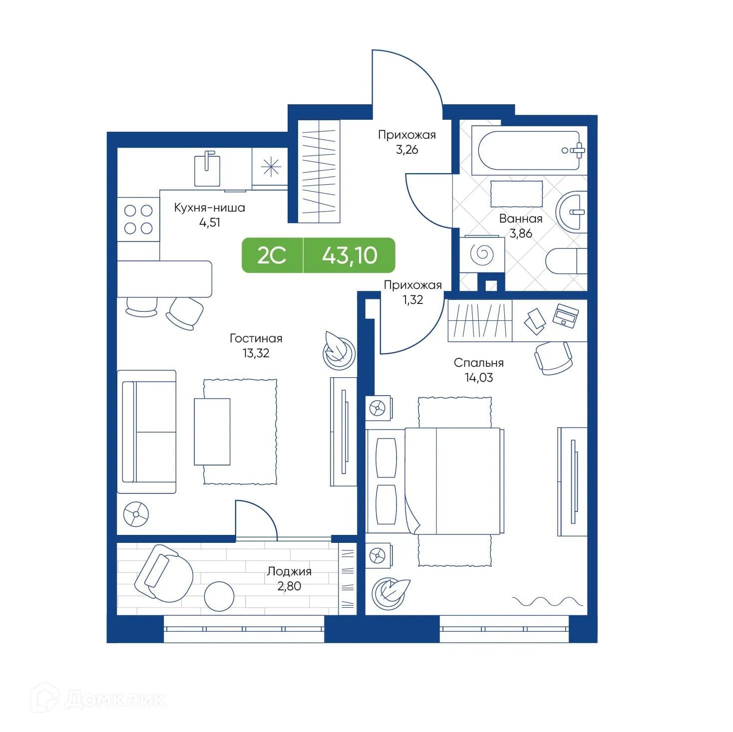 Планировка 2-комнатной квартиры 43.1 м² в ЖК Биография, г. Новосибирск — фото 1