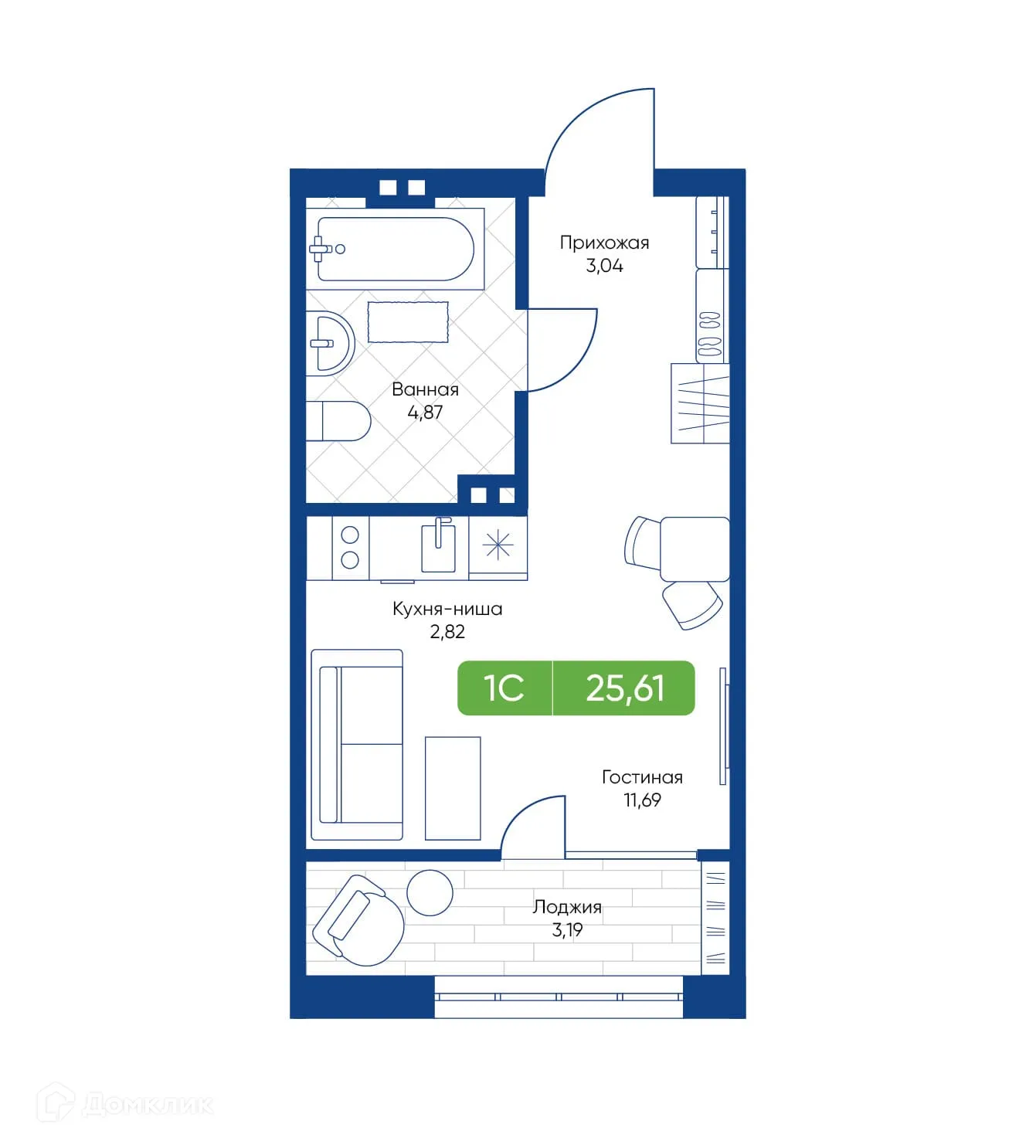 Планировка студии квартиры 25.61 м² в ЖК Биография, г. Новосибирск — фото 1