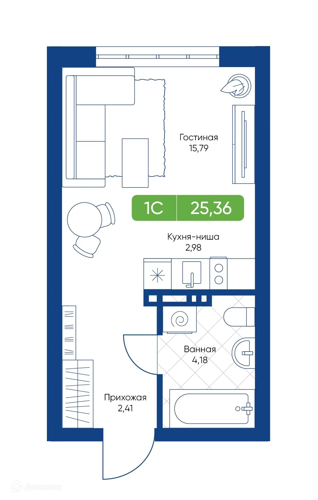 Планировка студии квартиры 25.36 м² в ЖК Биография, г. Новосибирск — фото 1