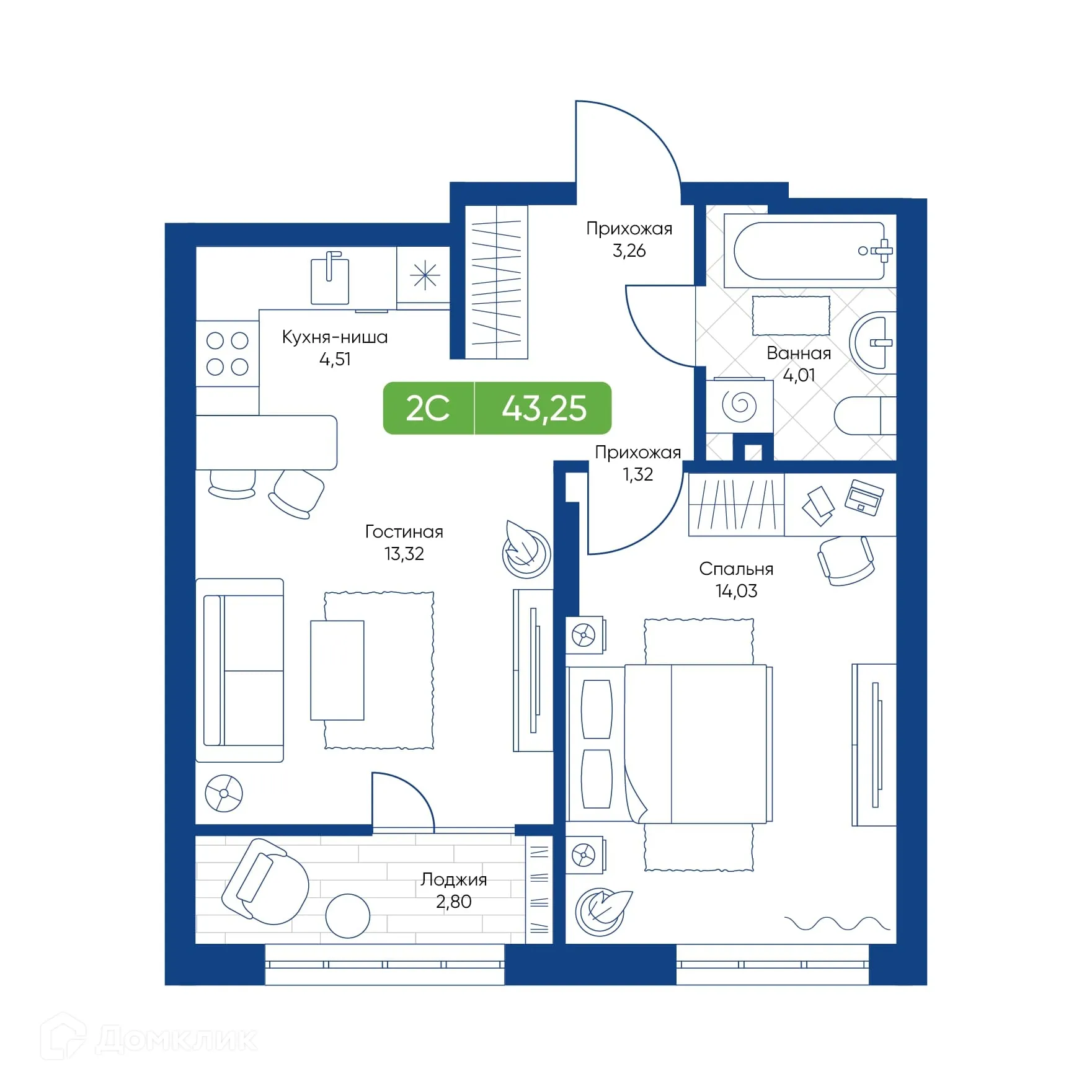 Планировка 2-комнатной квартиры 43.25 м² в ЖК Биография, г. Новосибирск — фото 1