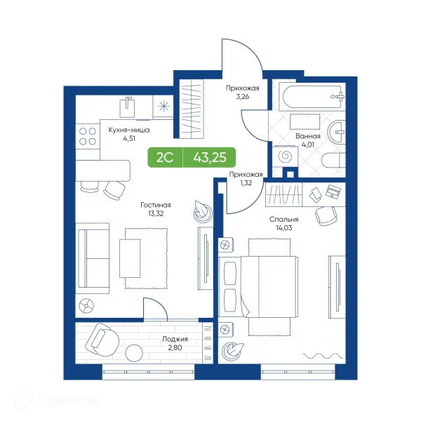 Планировка 2 комн. в ЖК Биография