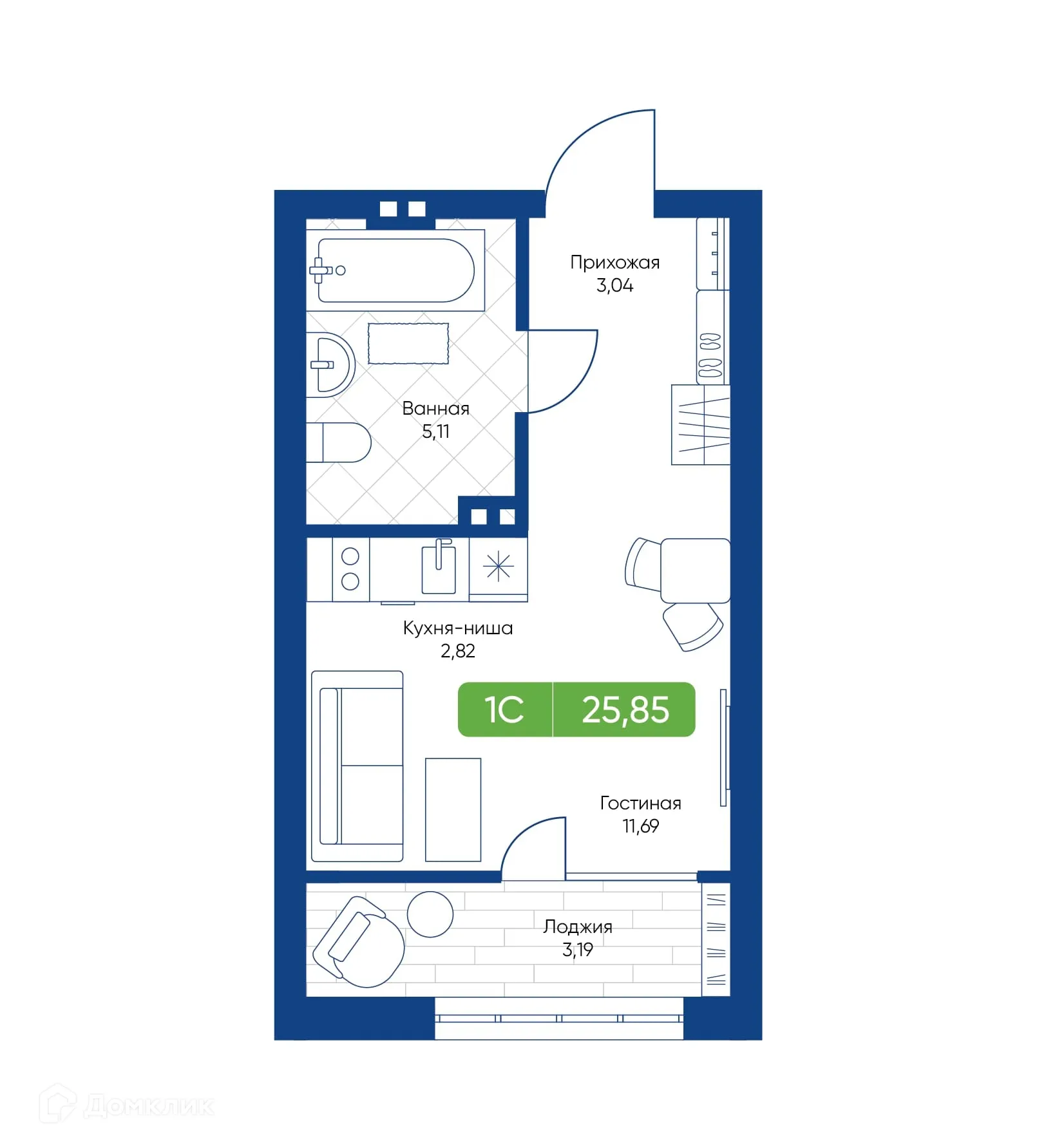 Планировка студии квартиры 25.85 м² в ЖК Биография, г. Новосибирск — фото 1