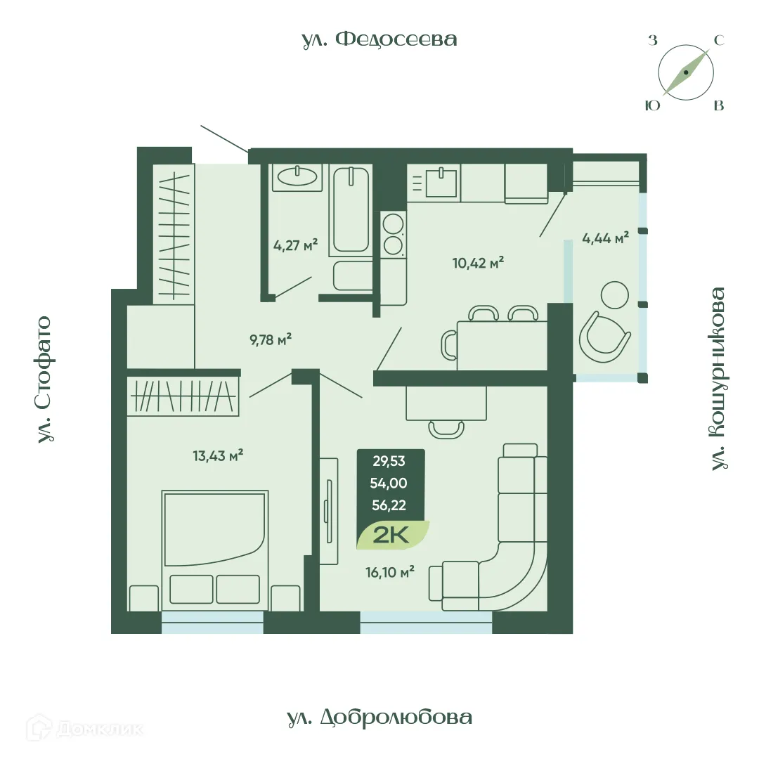 Планировка 2-комнатной квартиры 56.22 м² в ЖК Жилой дом Мичурин, г. Новосибирск — фото 1