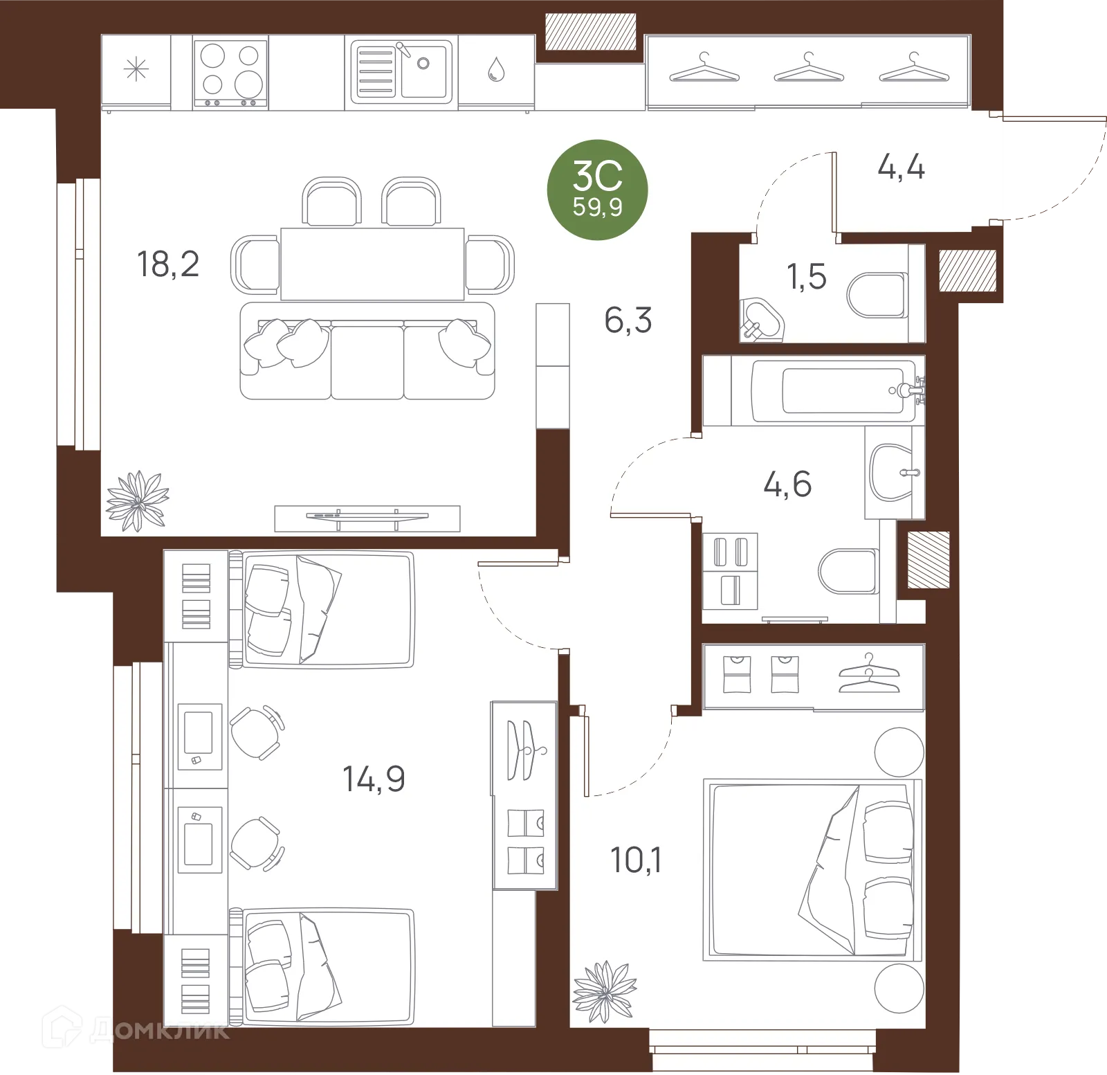 Планировка 3-комнатной квартиры 59.9 м² в ЖК VESNA (Весна), г. Новосибирск — фото 1