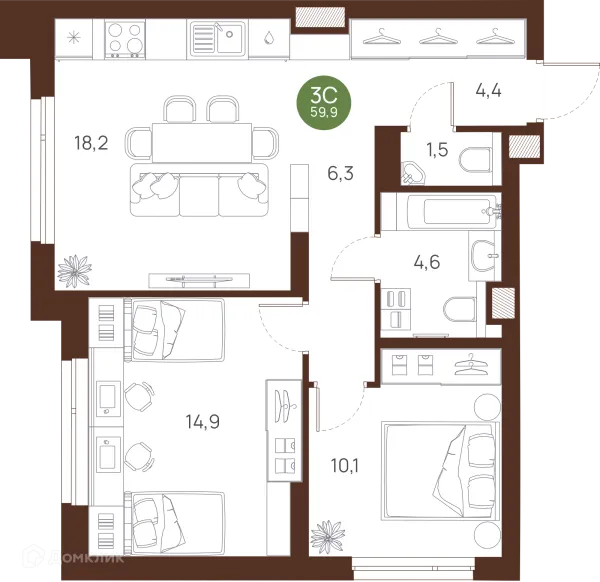 Планировка 3 комн. в ЖК VESNA (Весна)