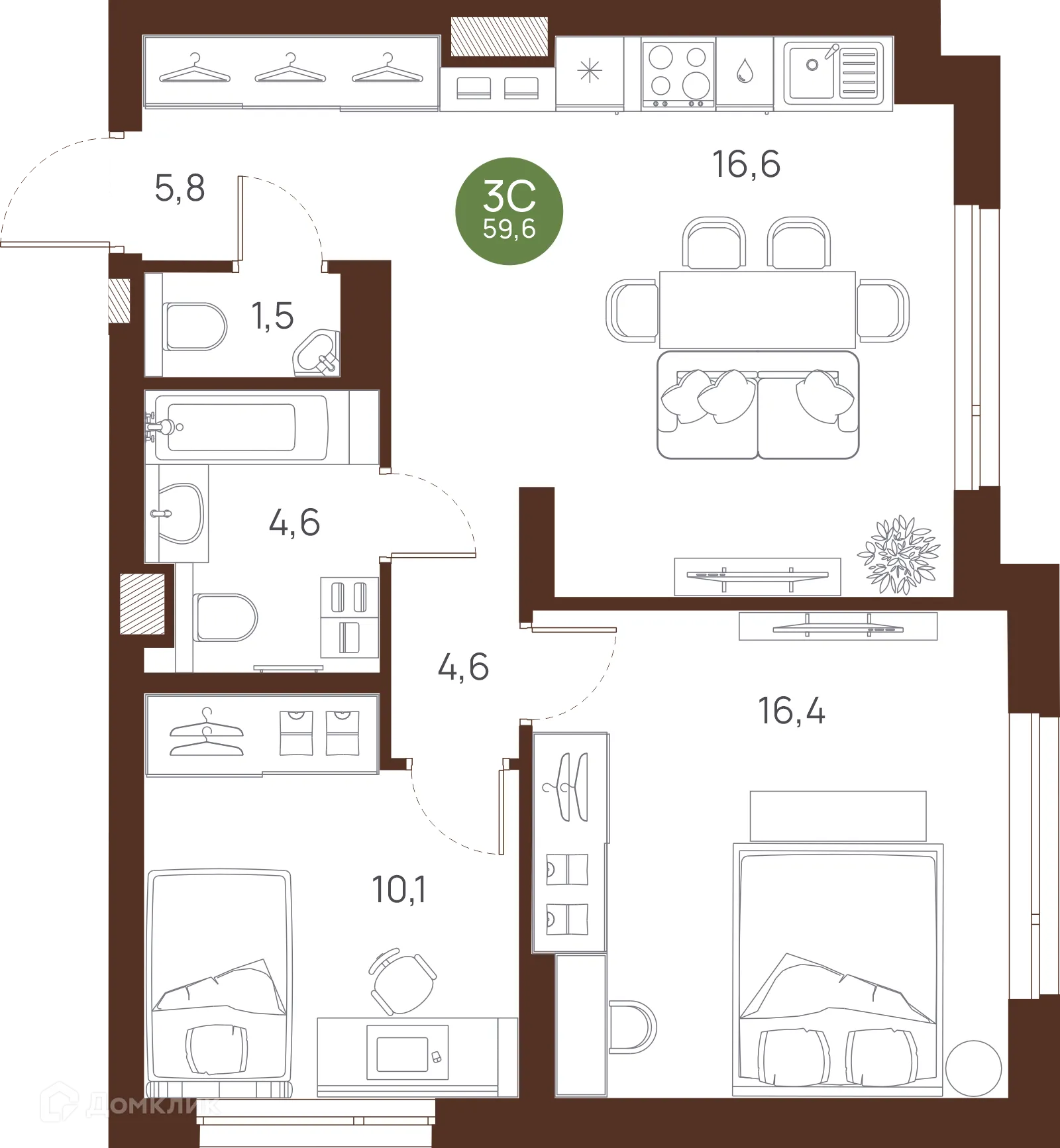 Планировка 3-комнатной квартиры 59.6 м² в ЖК VESNA (Весна), г. Новосибирск — фото 1