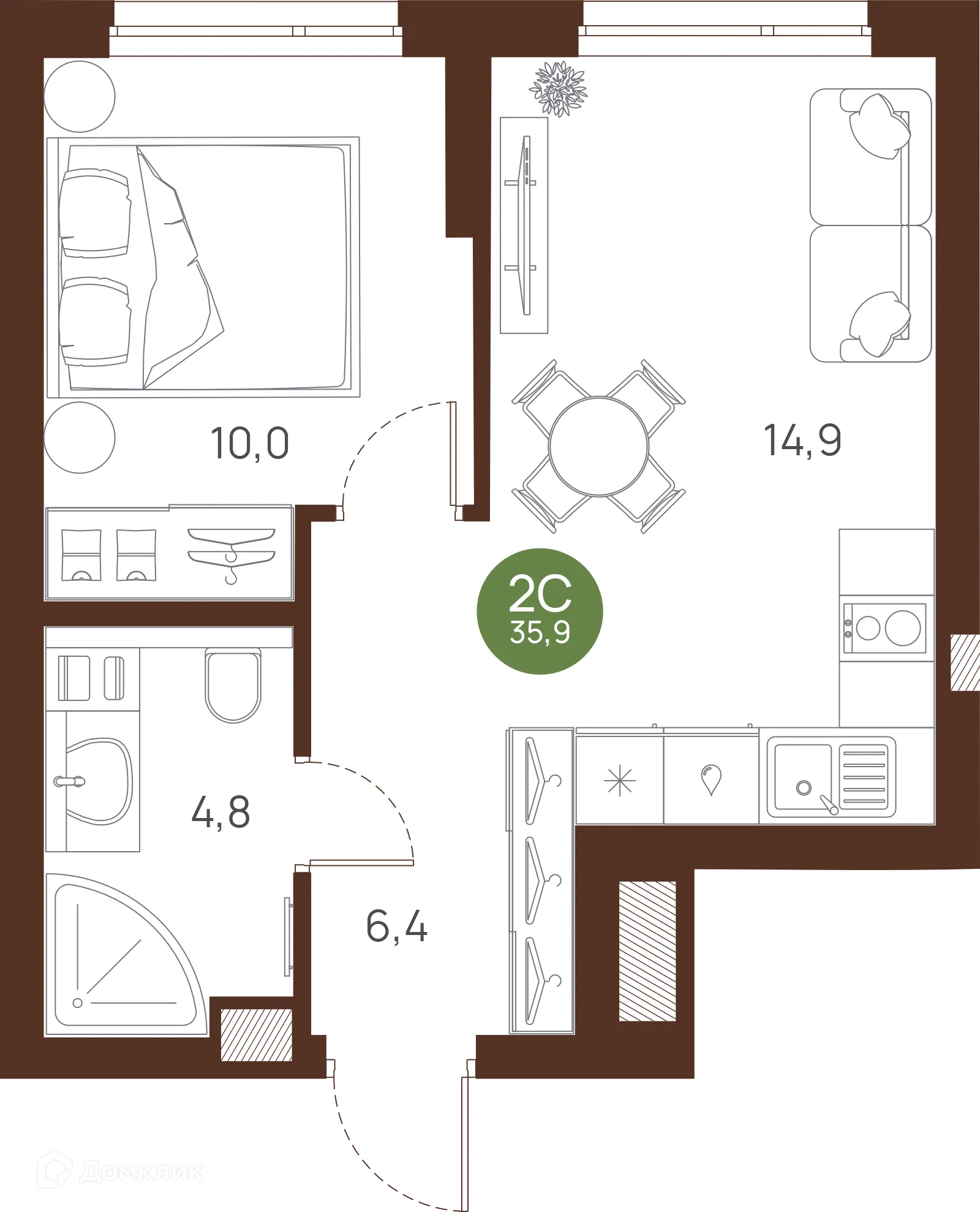 Планировка 2-комнатной квартиры 35.9 м² в ЖК VESNA (Весна), г. Новосибирск — фото 1