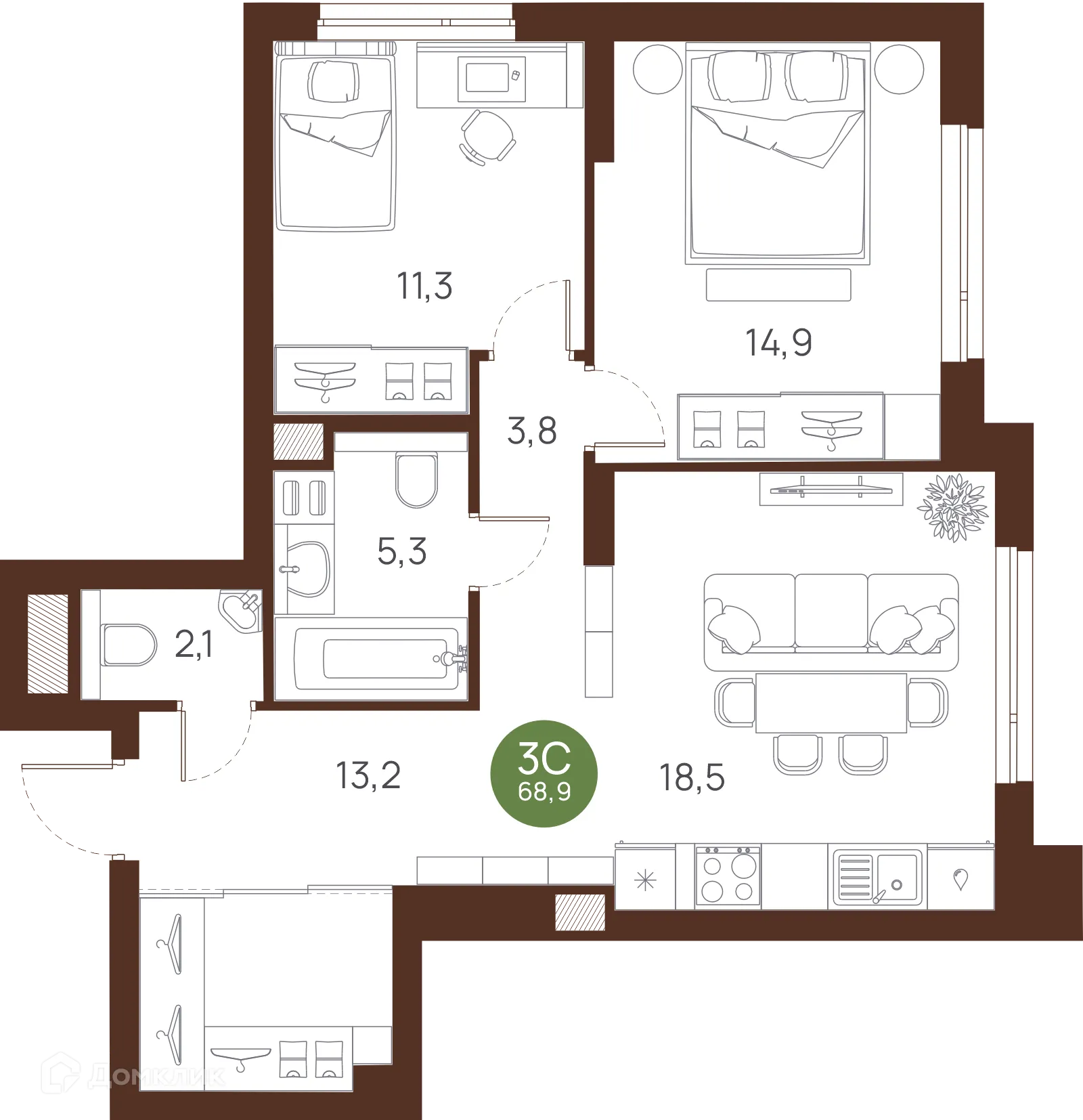 Планировка 3-комнатной квартиры 68.9 м² в ЖК VESNA (Весна), г. Новосибирск — фото 1