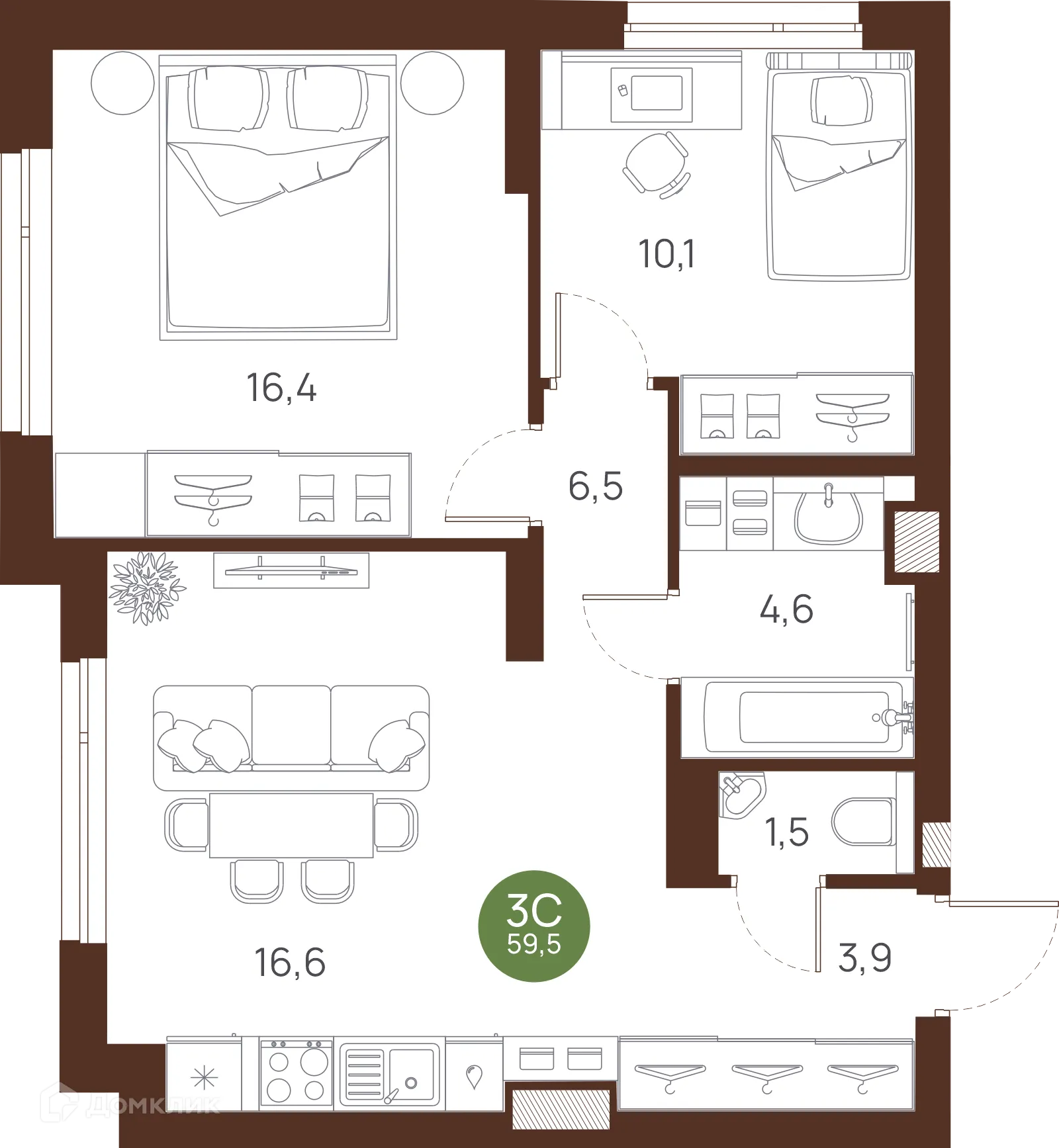 Планировка 3-комнатной квартиры 59.5 м² в ЖК VESNA (Весна), г. Новосибирск — фото 1