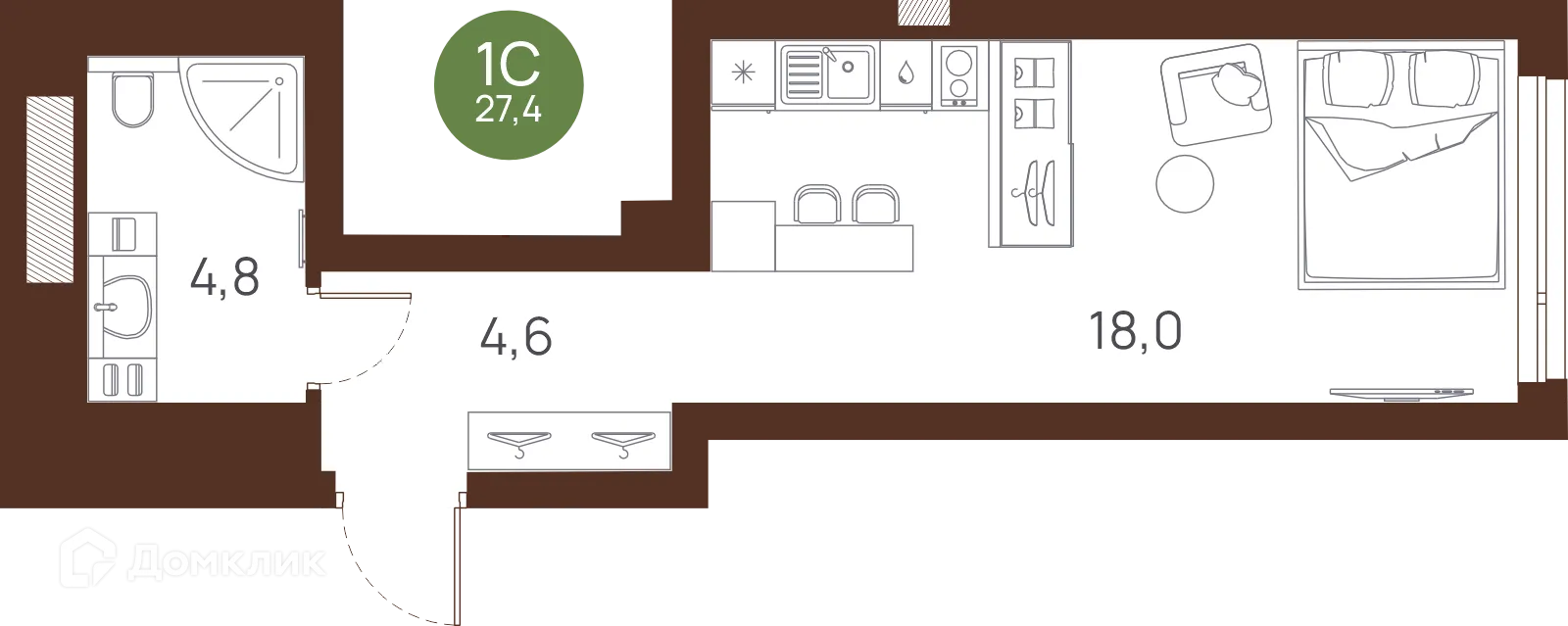 Планировка студии квартиры 27.4 м² в ЖК VESNA (Весна), г. Новосибирск — фото 1