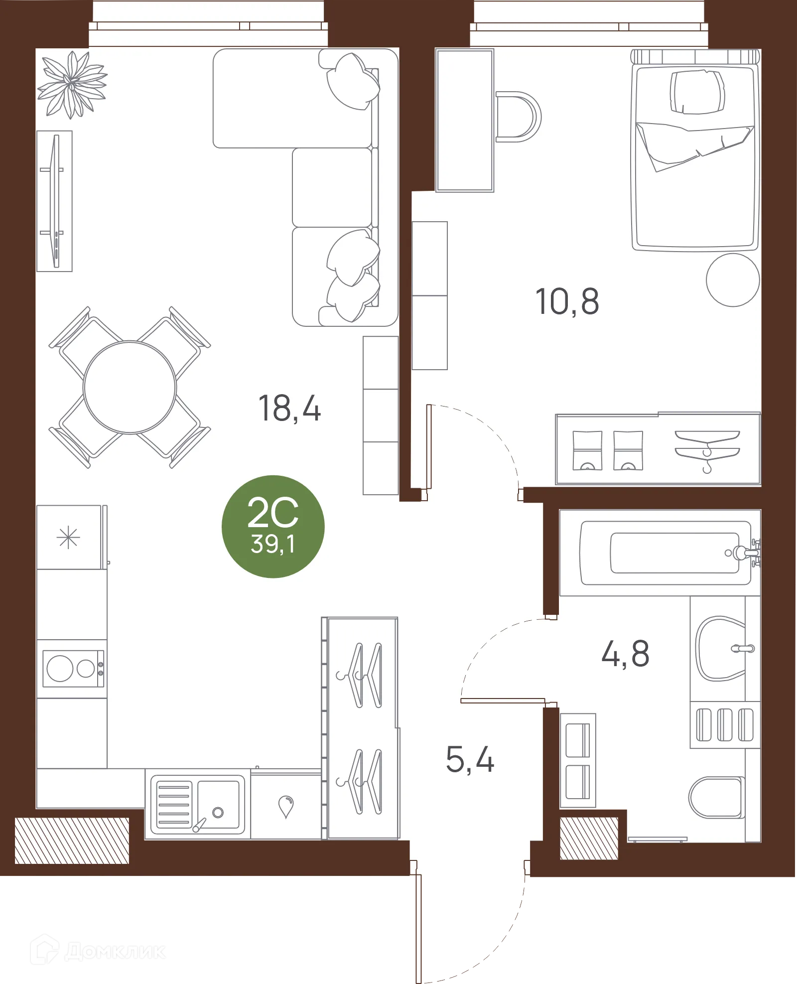 Планировка 2-комнатной квартиры 39.1 м² в ЖК VESNA (Весна), г. Новосибирск — фото 1