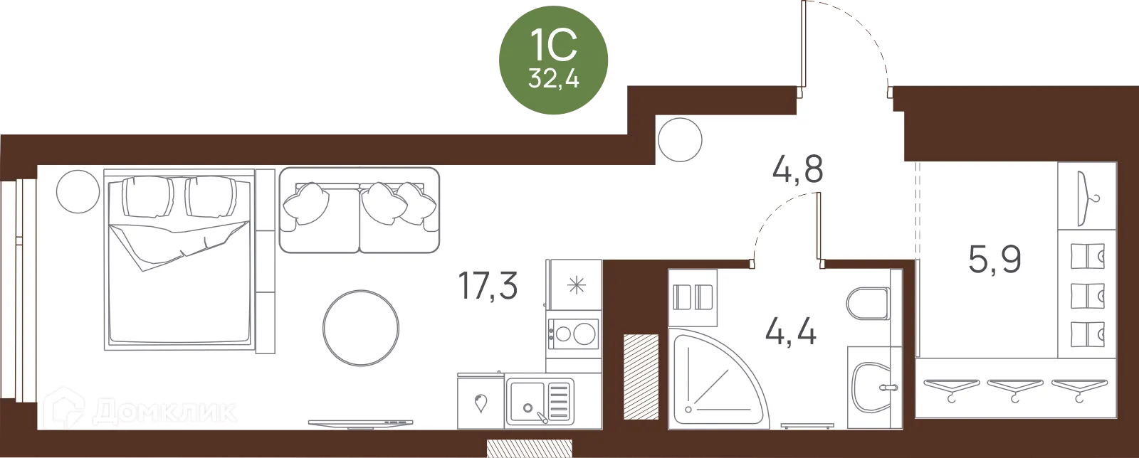 Планировка студии квартиры 32.4 м² в ЖК VESNA (Весна), г. Новосибирск — фото 1