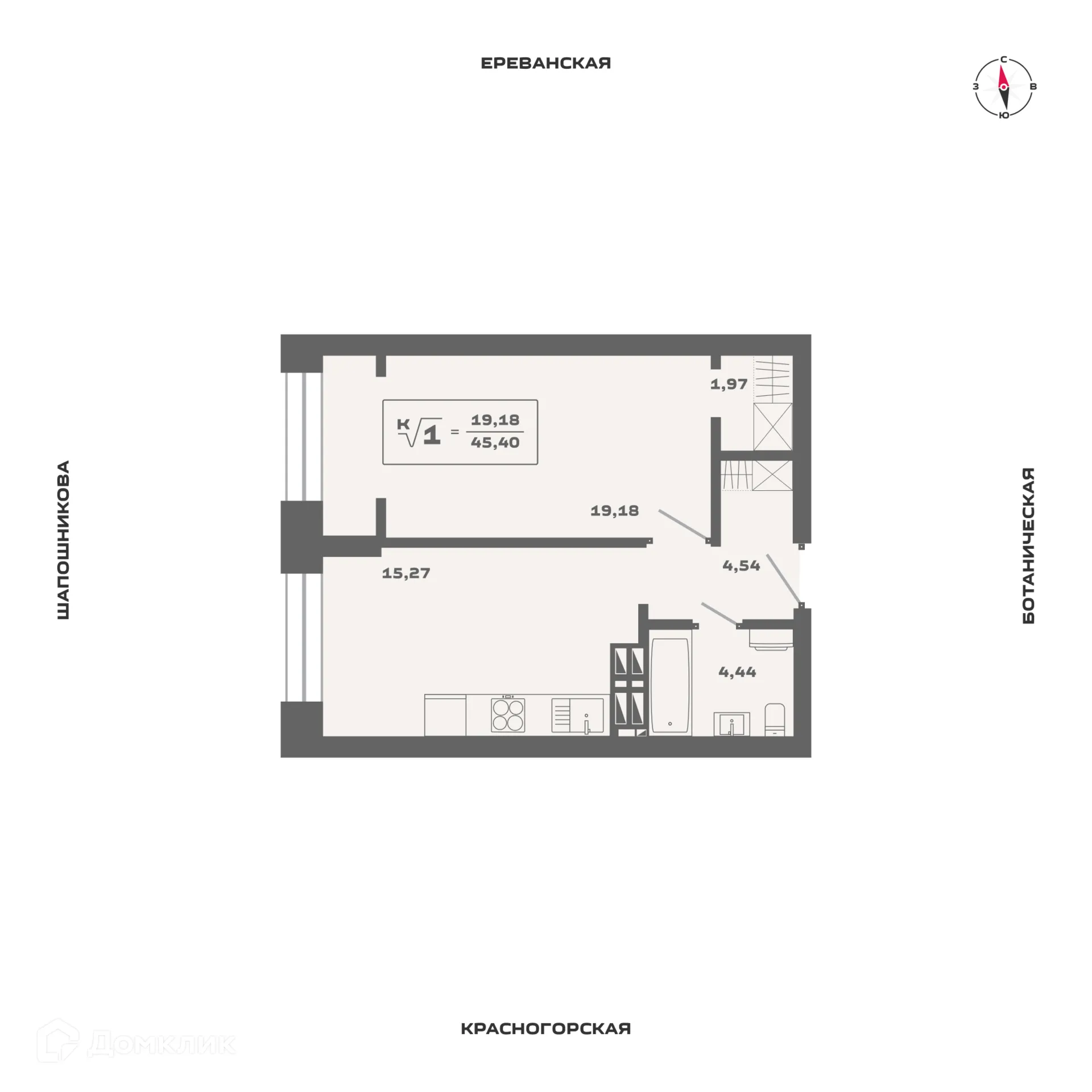 Планировка 1-комнатной квартиры 45.4 м² в ЖК Ньютон, г. Новосибирск — фото 1