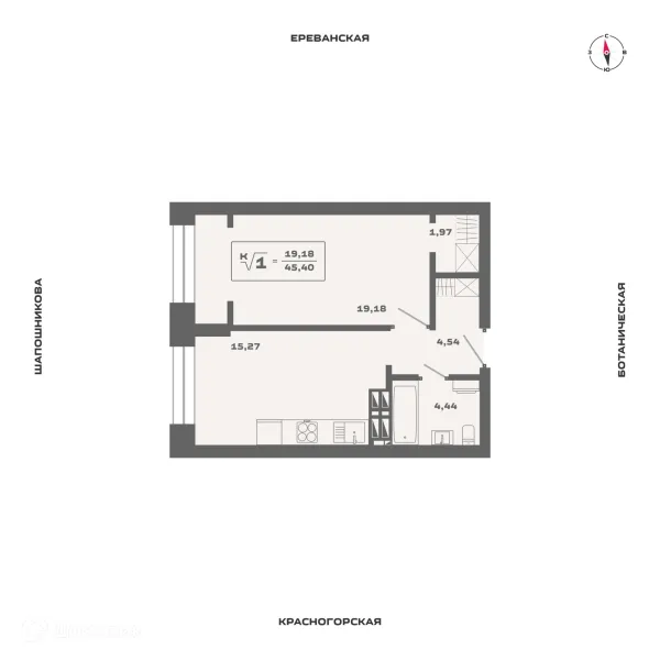 Планировка 1 комн. в ЖК Ньютон