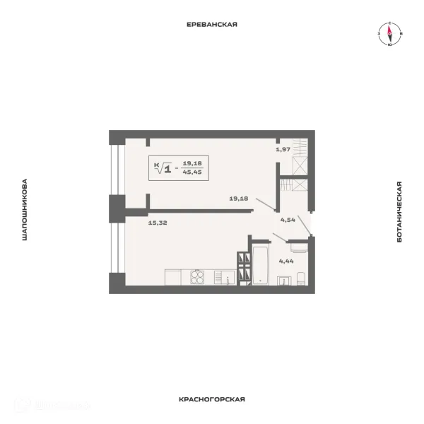 Планировка 1 комн. в ЖК Ньютон