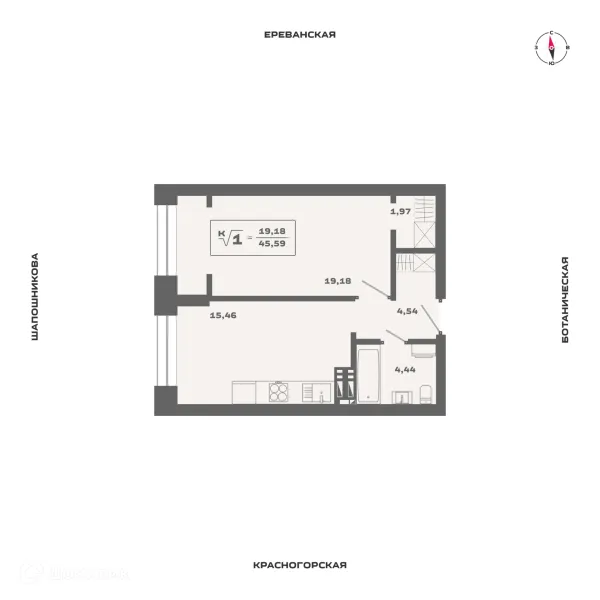Планировка 1 комн. в ЖК Ньютон