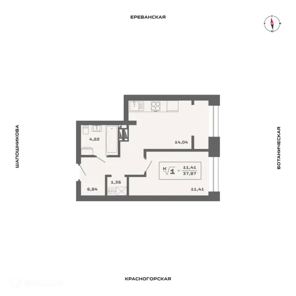 Планировка 1 комн. в ЖК Ньютон