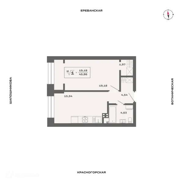 Планировка 1 комн. в ЖК Ньютон