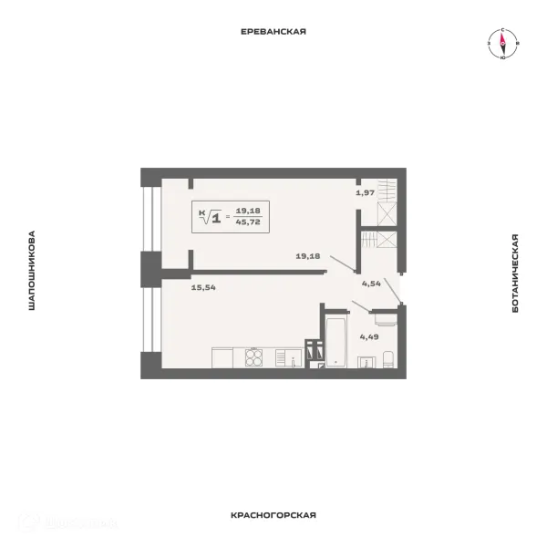 Планировка 1 комн. в ЖК Ньютон