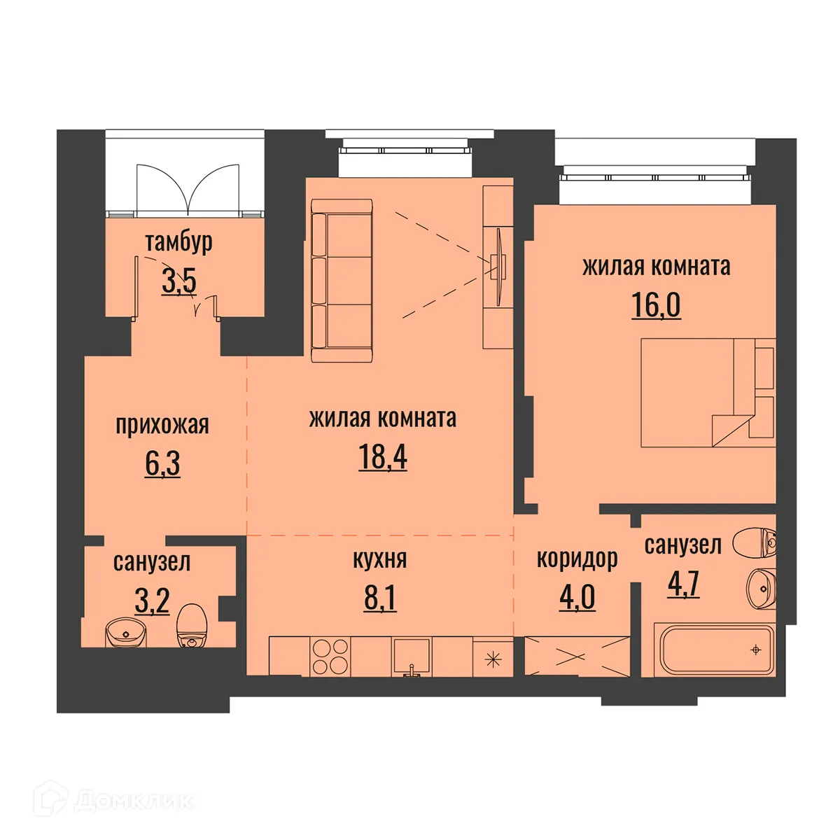 Планировка 1-комнатной квартиры 64 м² в ЖК Академия, г. Новосибирск — фото 1
