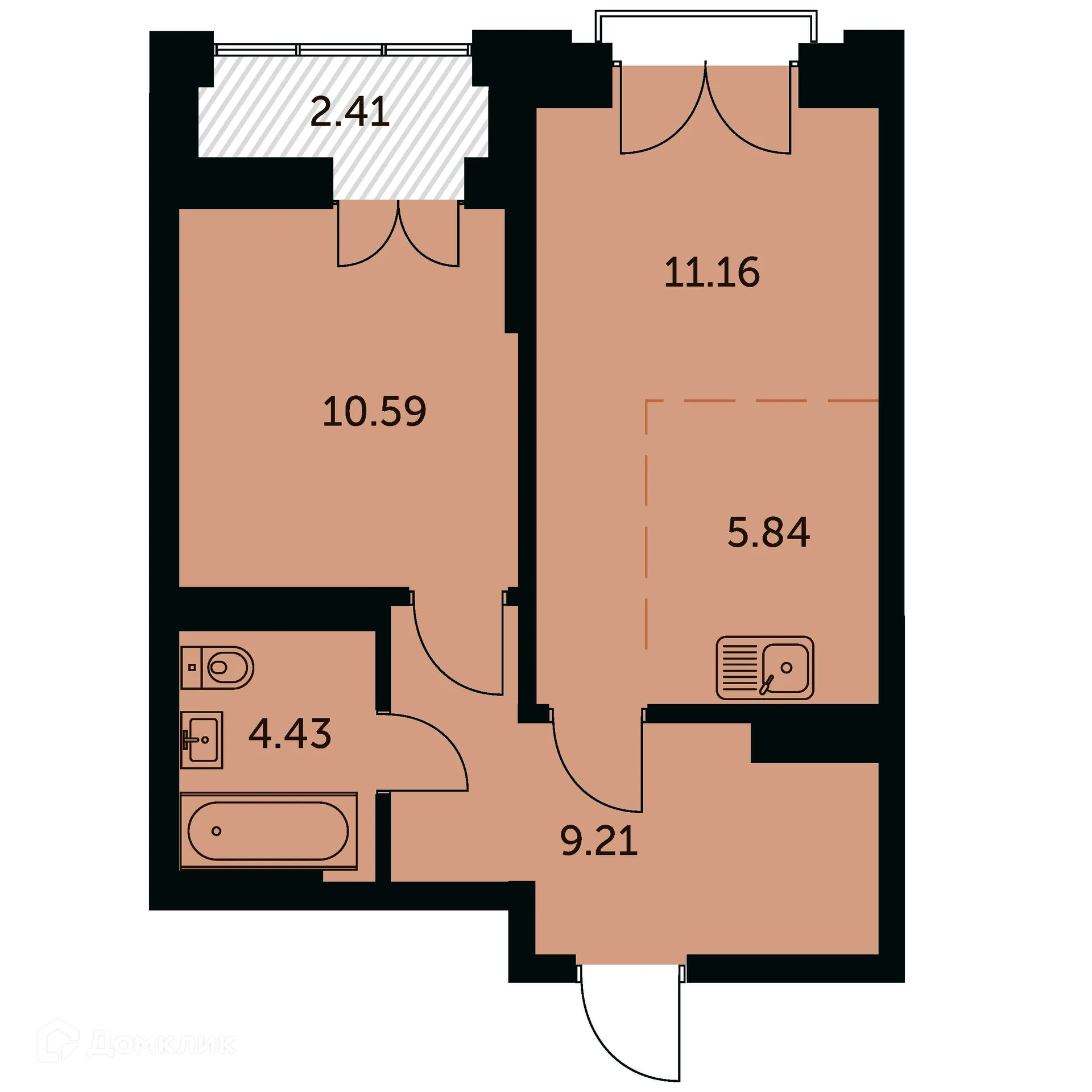 Планировка 2-комнатной квартиры 42.44 м² в ЖК Академия, г. Новосибирск — фото 1