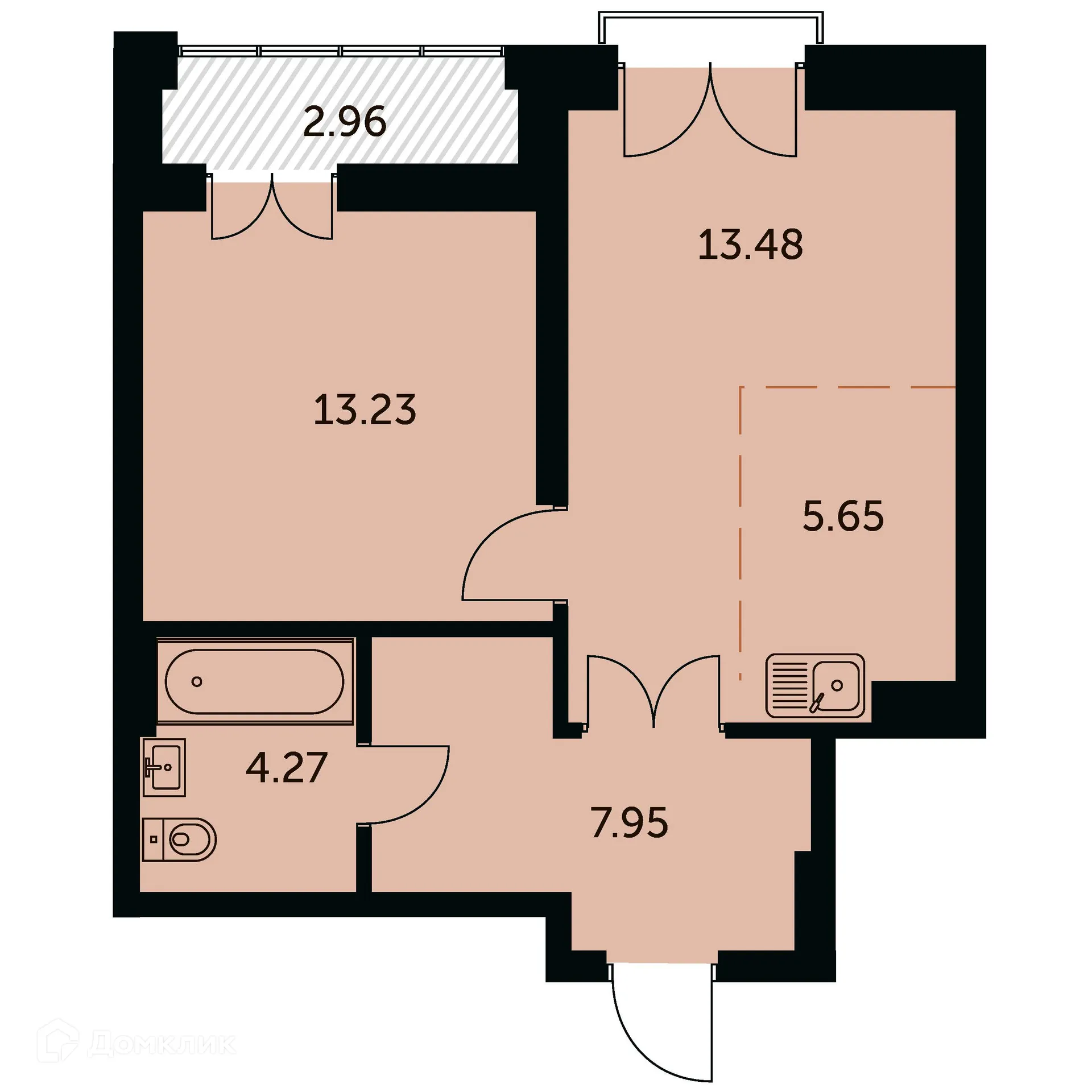 Планировка 2-комнатной квартиры 46.08 м² в ЖК Академия, г. Новосибирск — фото 1