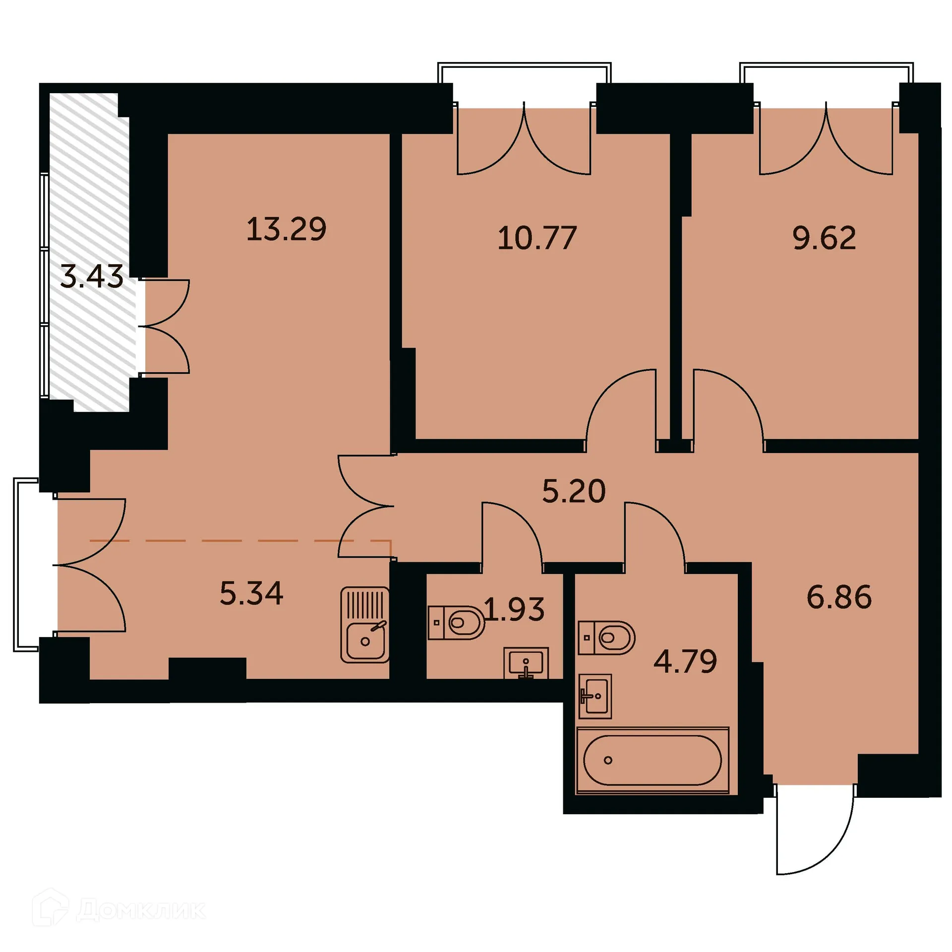 Планировка 3-комнатной квартиры 59.52 м² в ЖК Академия, г. Новосибирск — фото 1
