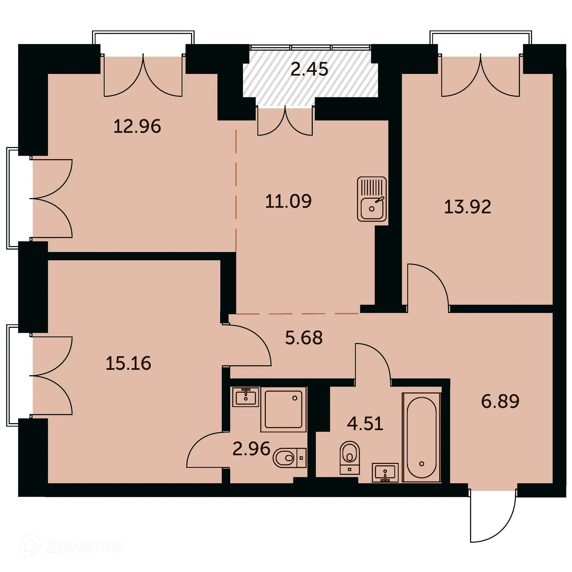 Планировка 3-комнатной квартиры 74.4 м² в ЖК Академия, г. Новосибирск — фото 1