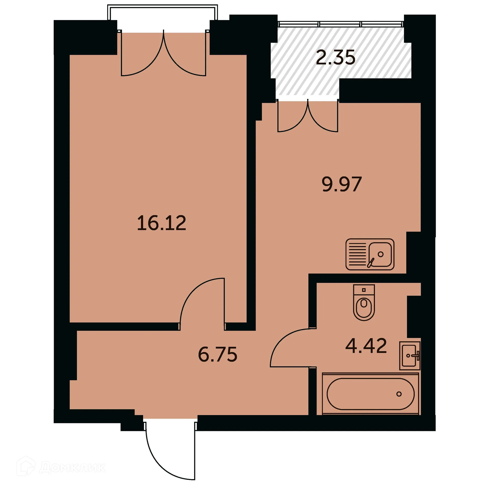 Планировка 1-комнатной квартиры 38.44 м² в ЖК Академия, г. Новосибирск — фото 1