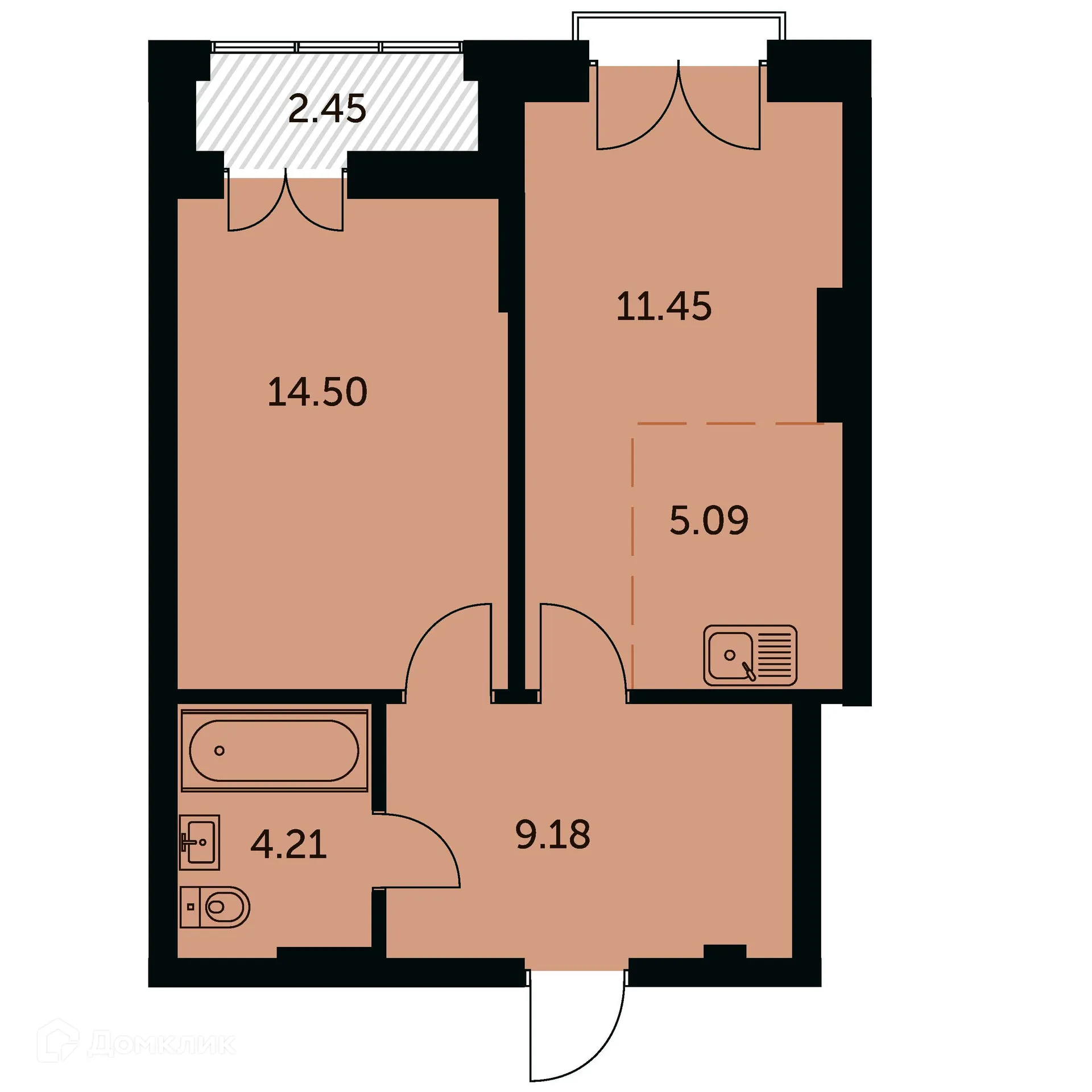 Планировка 2-комнатной квартиры 45.66 м² в ЖК Академия, г. Новосибирск — фото 1