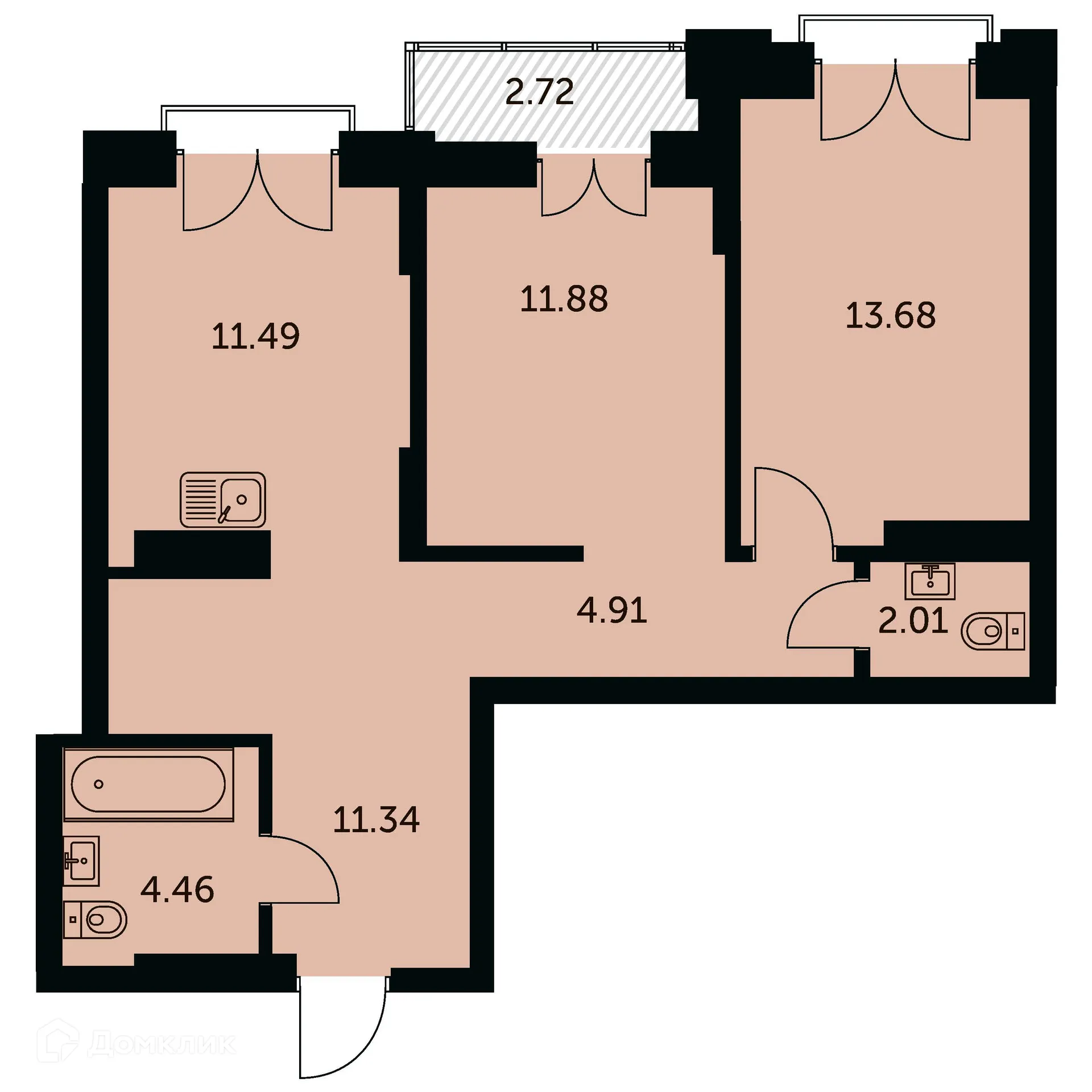Планировка 2-комнатной квартиры 61.1 м² в ЖК Академия, г. Новосибирск — фото 1
