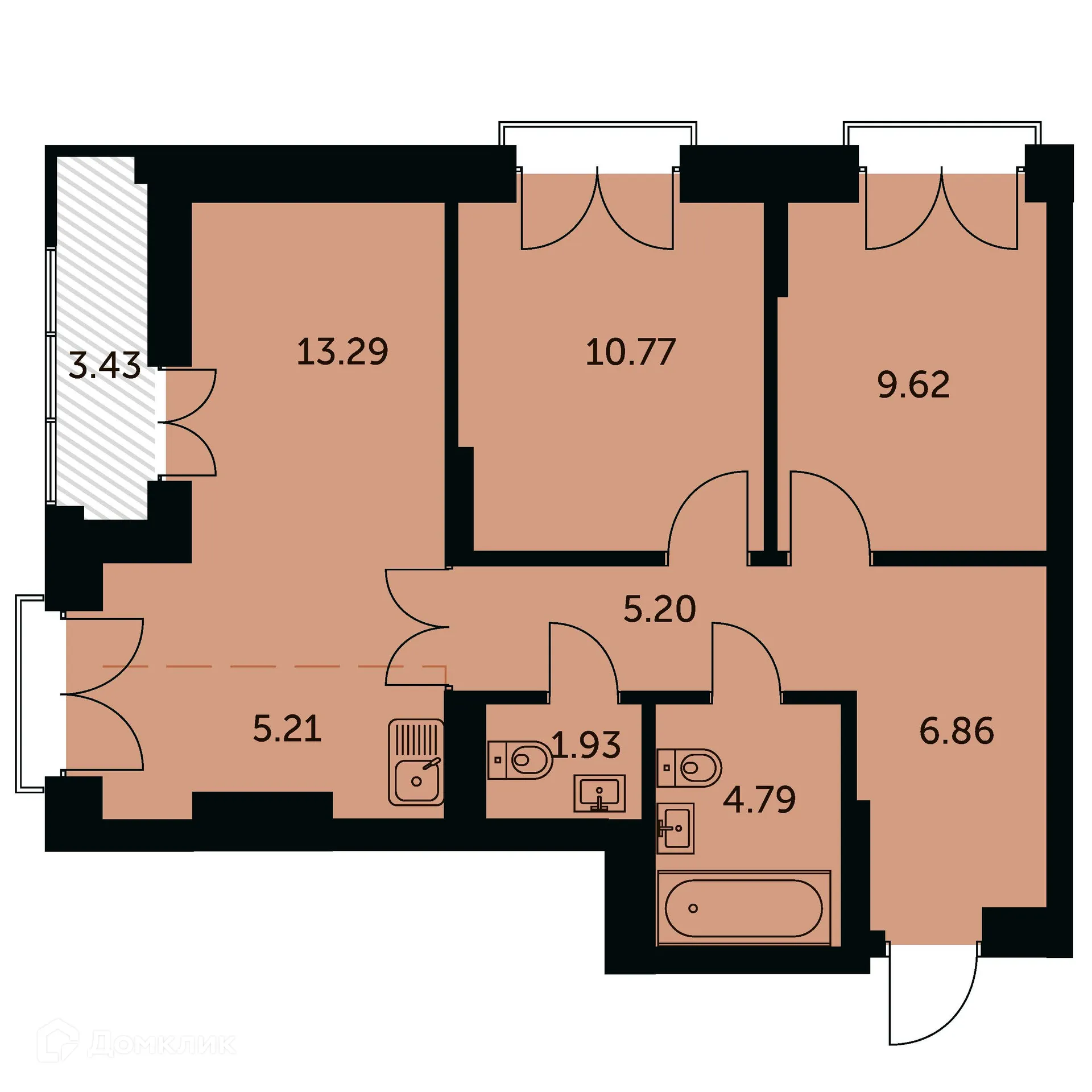 Планировка 3-комнатной квартиры 59.3 м² в ЖК Академия, г. Новосибирск — фото 1