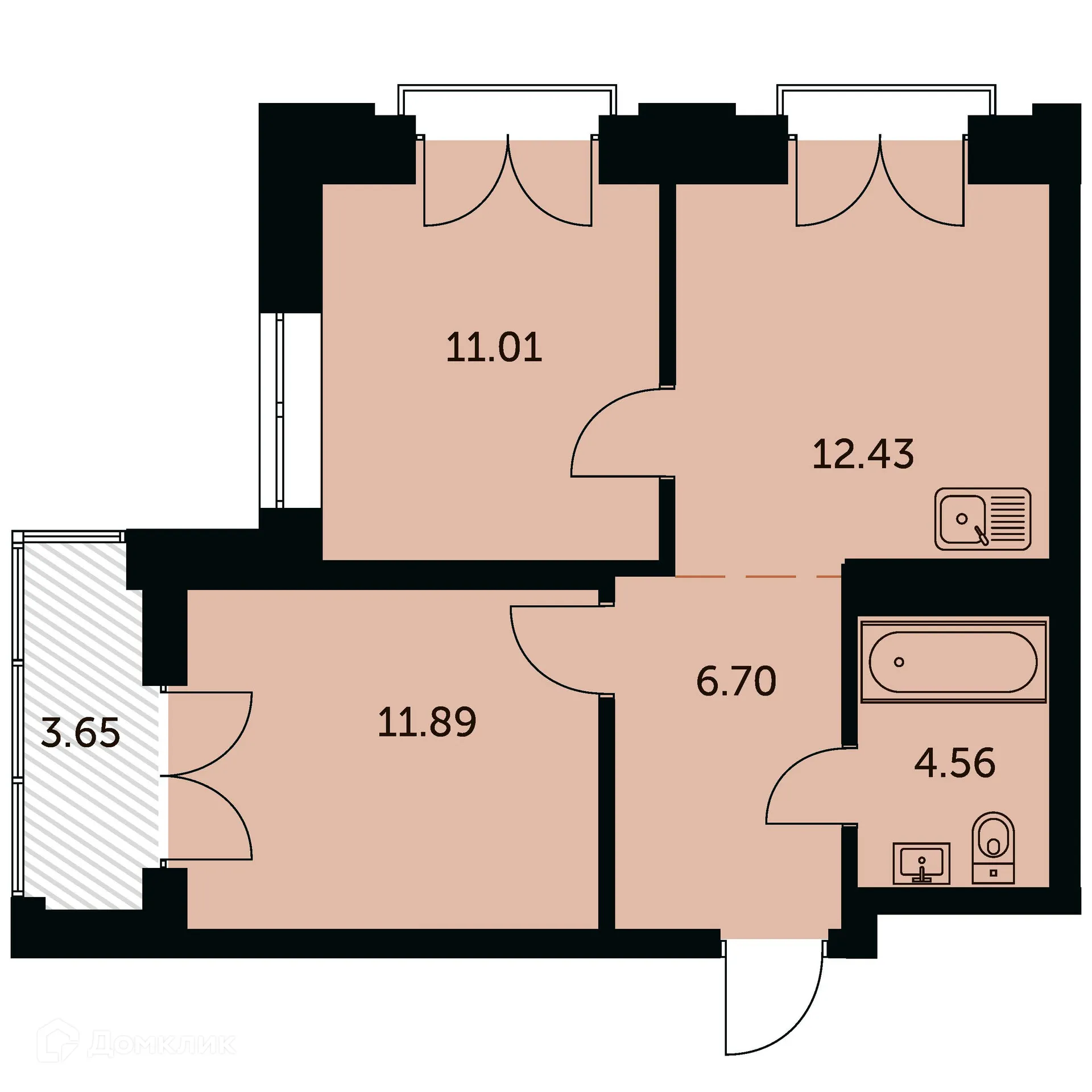 Планировка 2-комнатной квартиры 48.4 м² в ЖК Академия, г. Новосибирск — фото 1