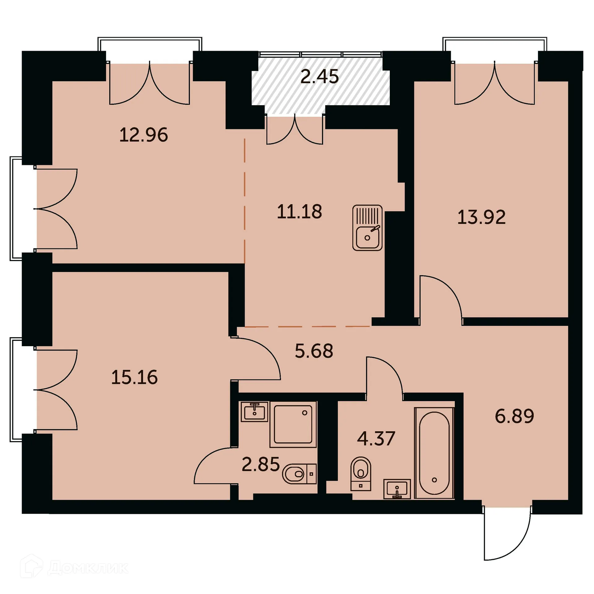 Планировка 3-комнатной квартиры 74.2 м² в ЖК Академия, г. Новосибирск — фото 1