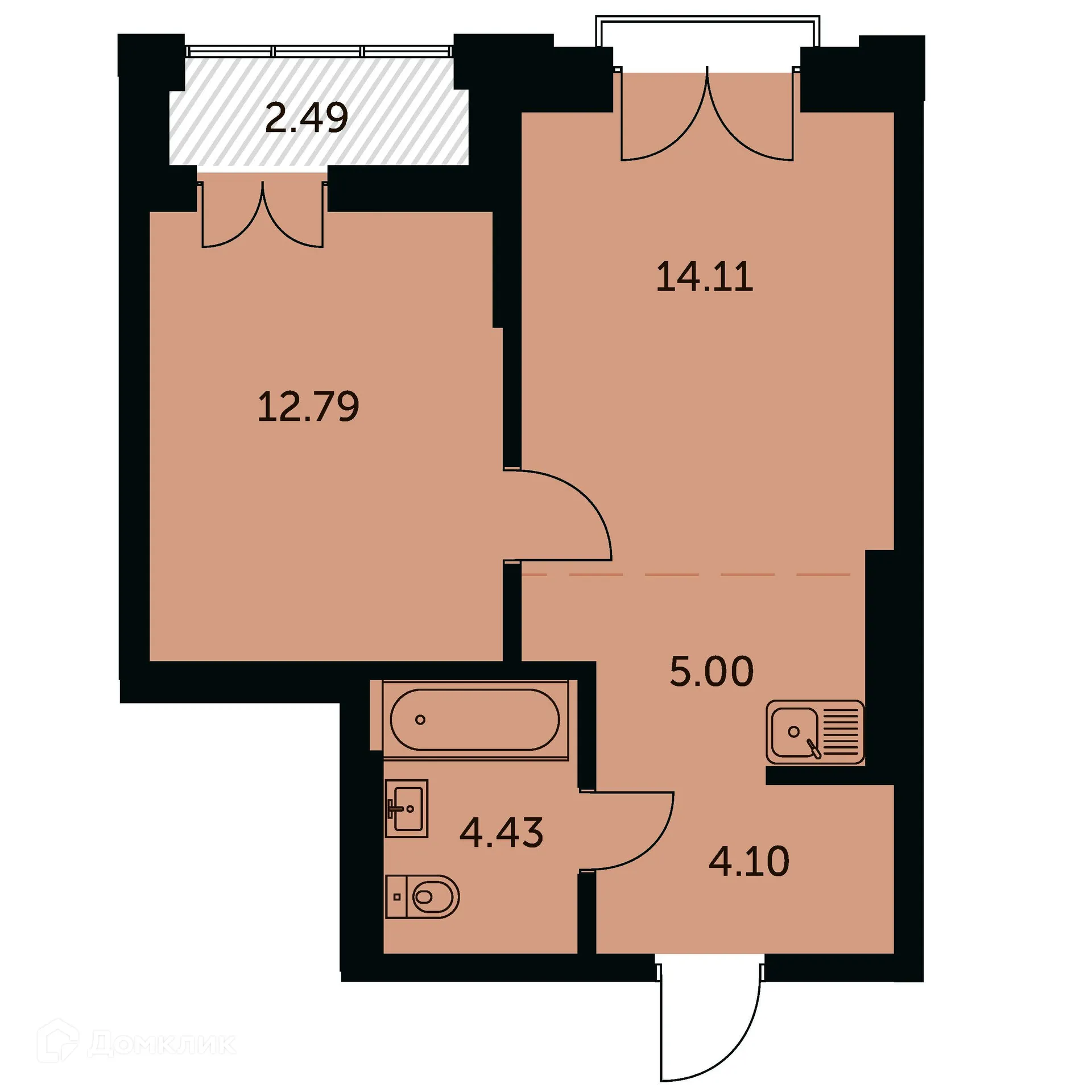 Планировка 2-комнатной квартиры 41.6 м² в ЖК Академия, г. Новосибирск — фото 1