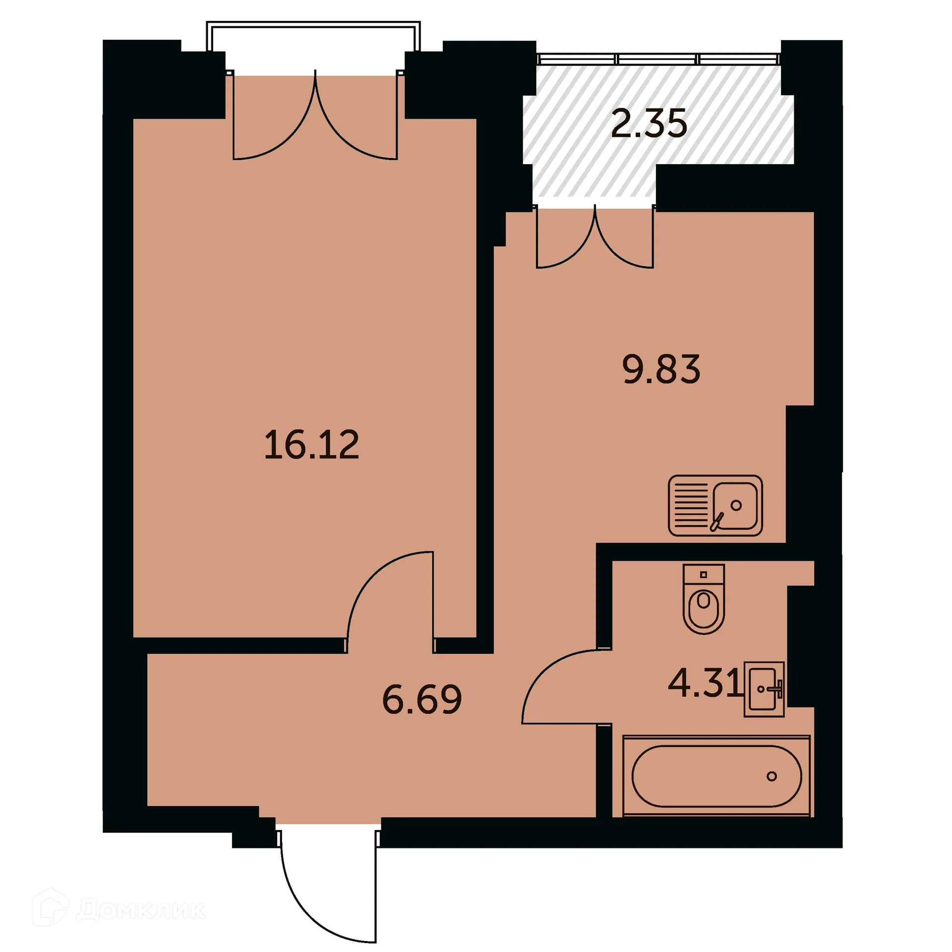 Планировка 1-комнатной квартиры 38.1 м² в ЖК Академия, г. Новосибирск — фото 1