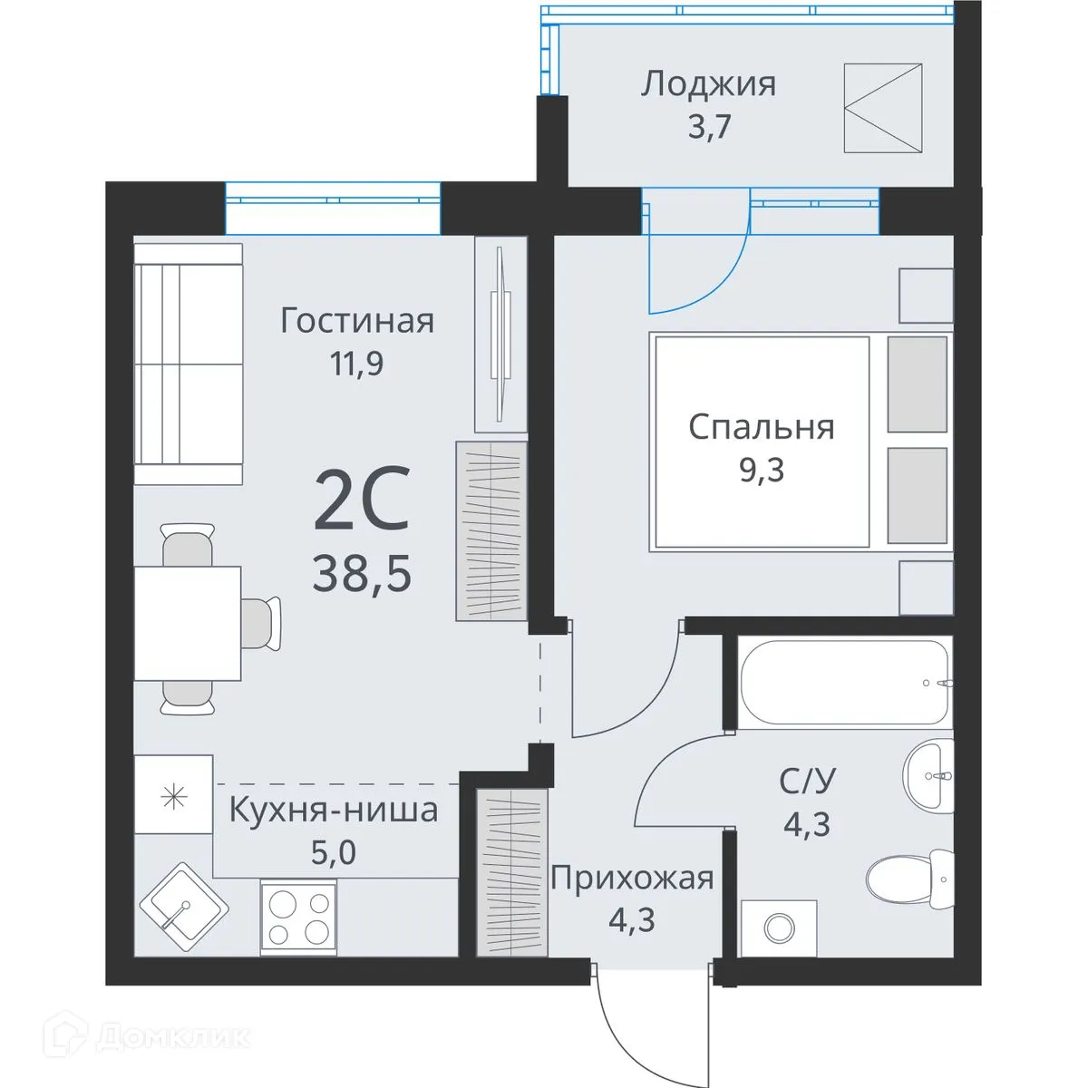 Планировка 2-комнатной квартиры 38.5 м² в ЖК Свои люди, г. Обь — фото 1