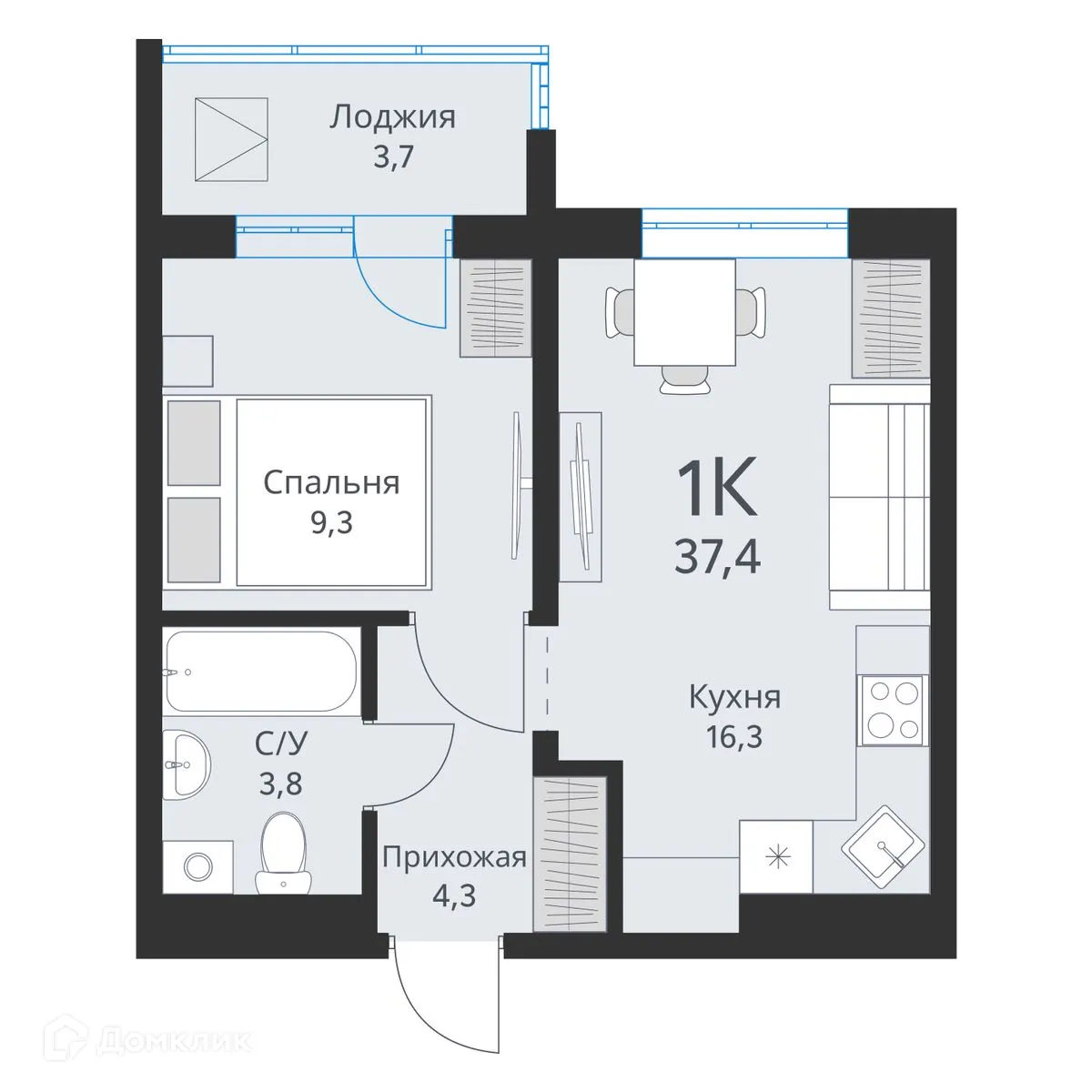 Планировка 1-комнатной квартиры 37.4 м² в ЖК Свои люди, г. Обь — фото 1