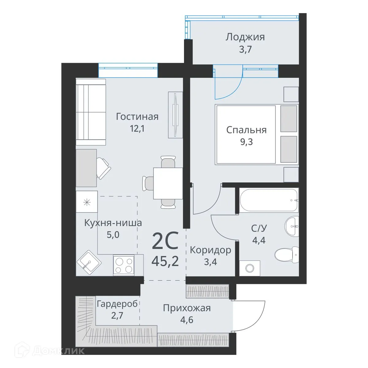 Планировка 2-комнатной квартиры 45.2 м² в ЖК Свои люди, г. Обь — фото 1