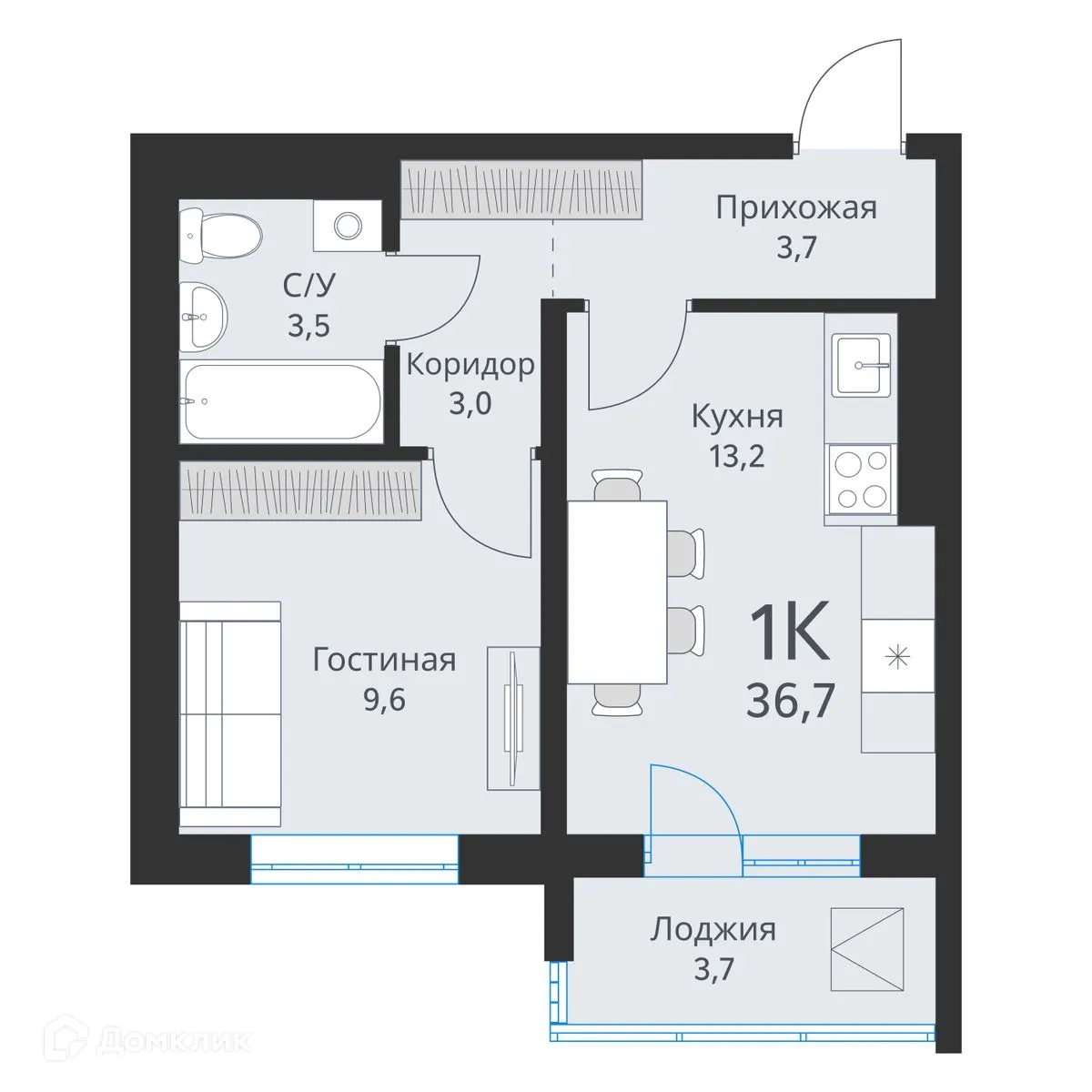 Планировка 1-комнатной квартиры 36.7 м² в ЖК Свои люди, г. Обь — фото 1