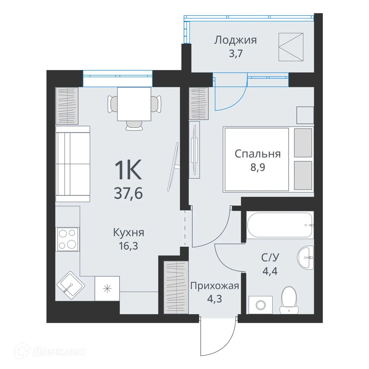 Планировка 1-комнатной квартиры 37.6 м² в ЖК Свои люди, г. Обь — фото 1