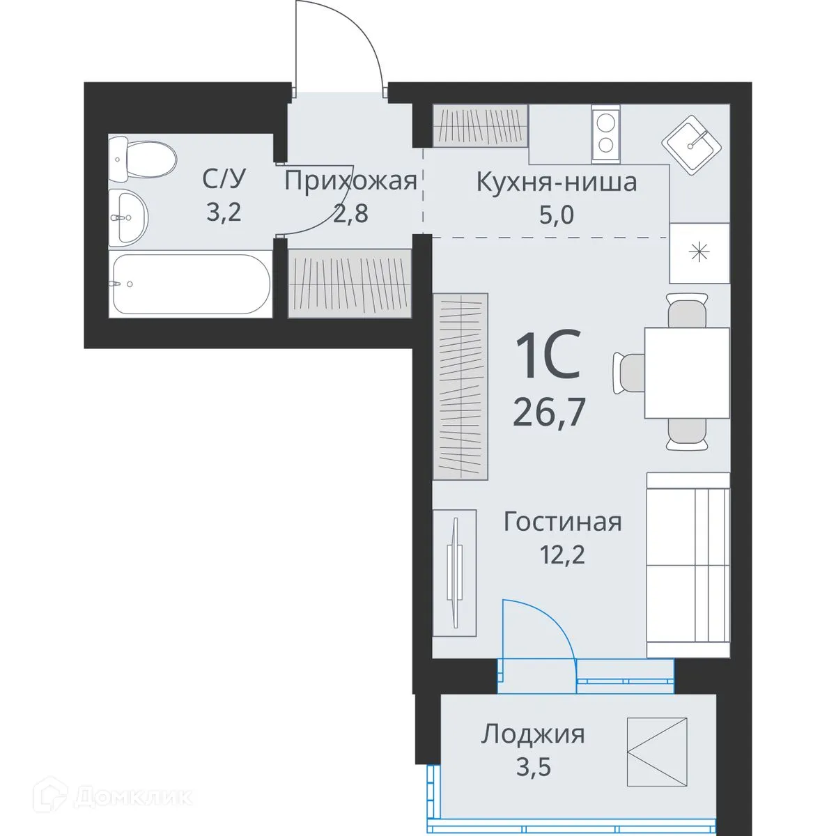 Планировка студии квартиры 26.7 м² в ЖК Свои люди, г. Обь — фото 1