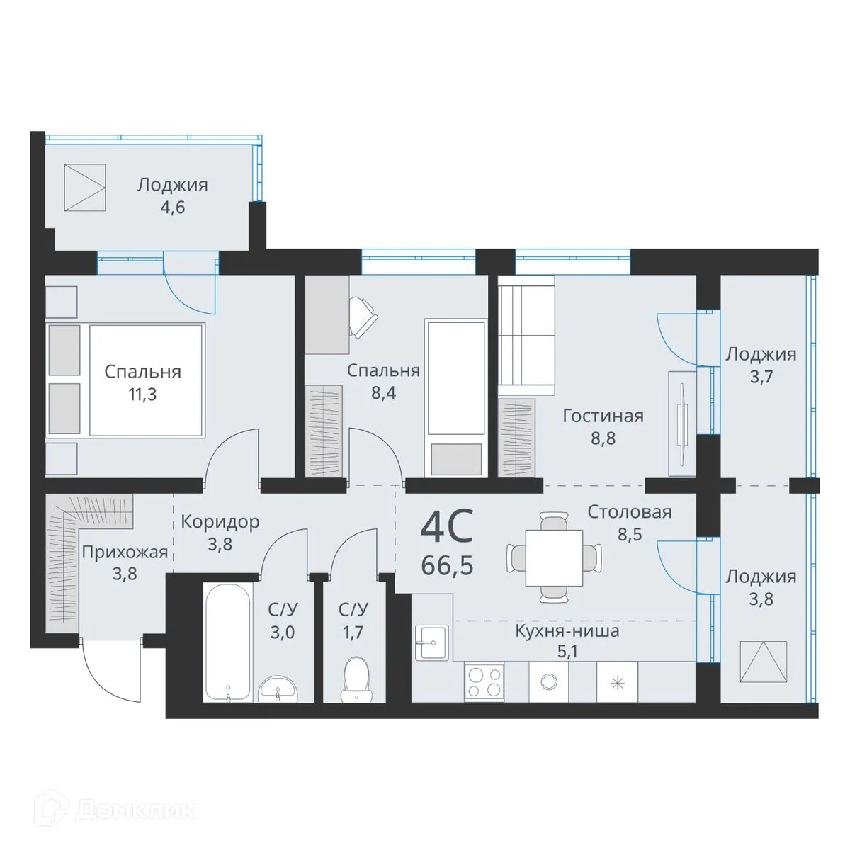 Планировка 4-комнатной квартиры 66.5 м² в ЖК Свои люди, г. Обь — фото 1