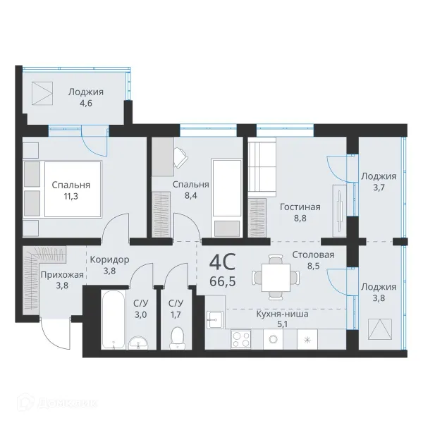 Планировка 4 комн. в ЖК Свои люди