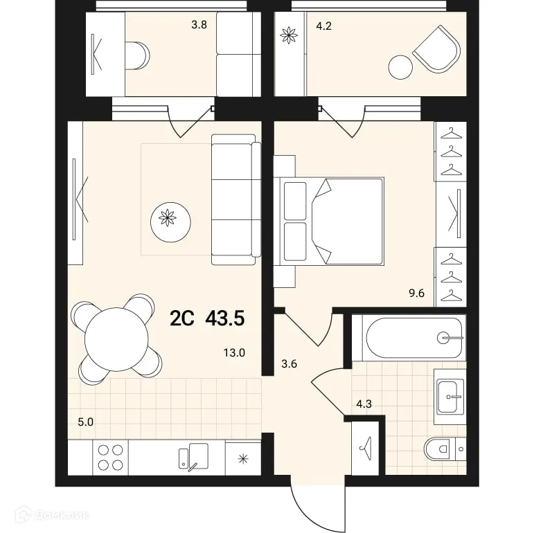 Планировка 2-комнатной квартиры 43.5 м² в ЖК по ул. Геодезическая, д. 15а, г. Обь — фото 1