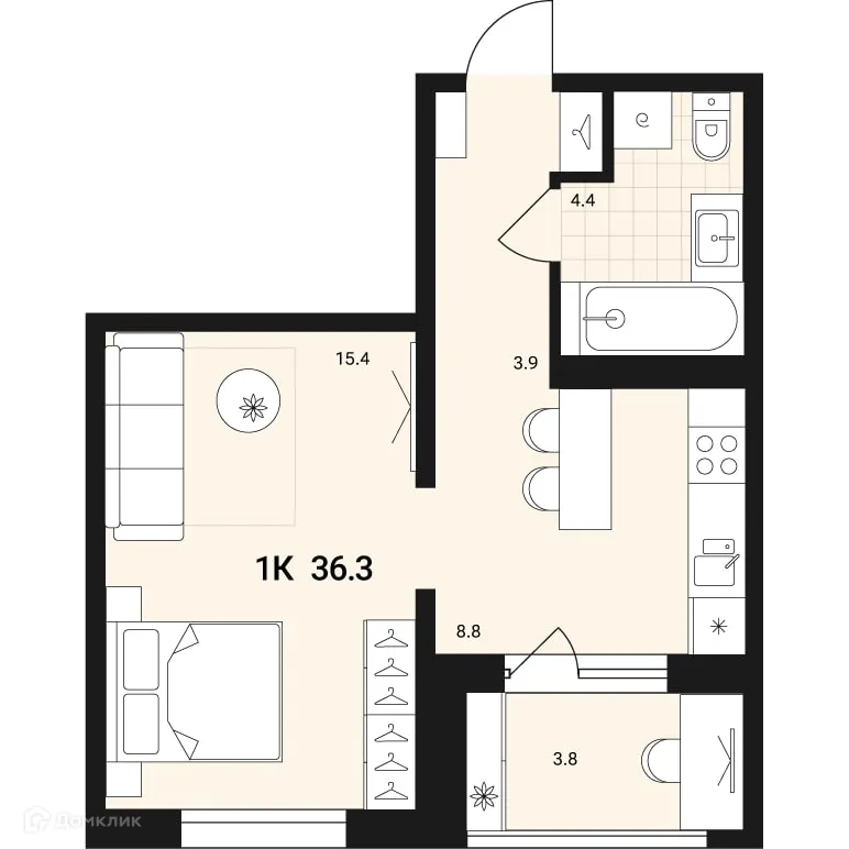 Планировка 1-комнатной квартиры 36.3 м² в ЖК по ул. Геодезическая, д. 15а, г. Обь — фото 1